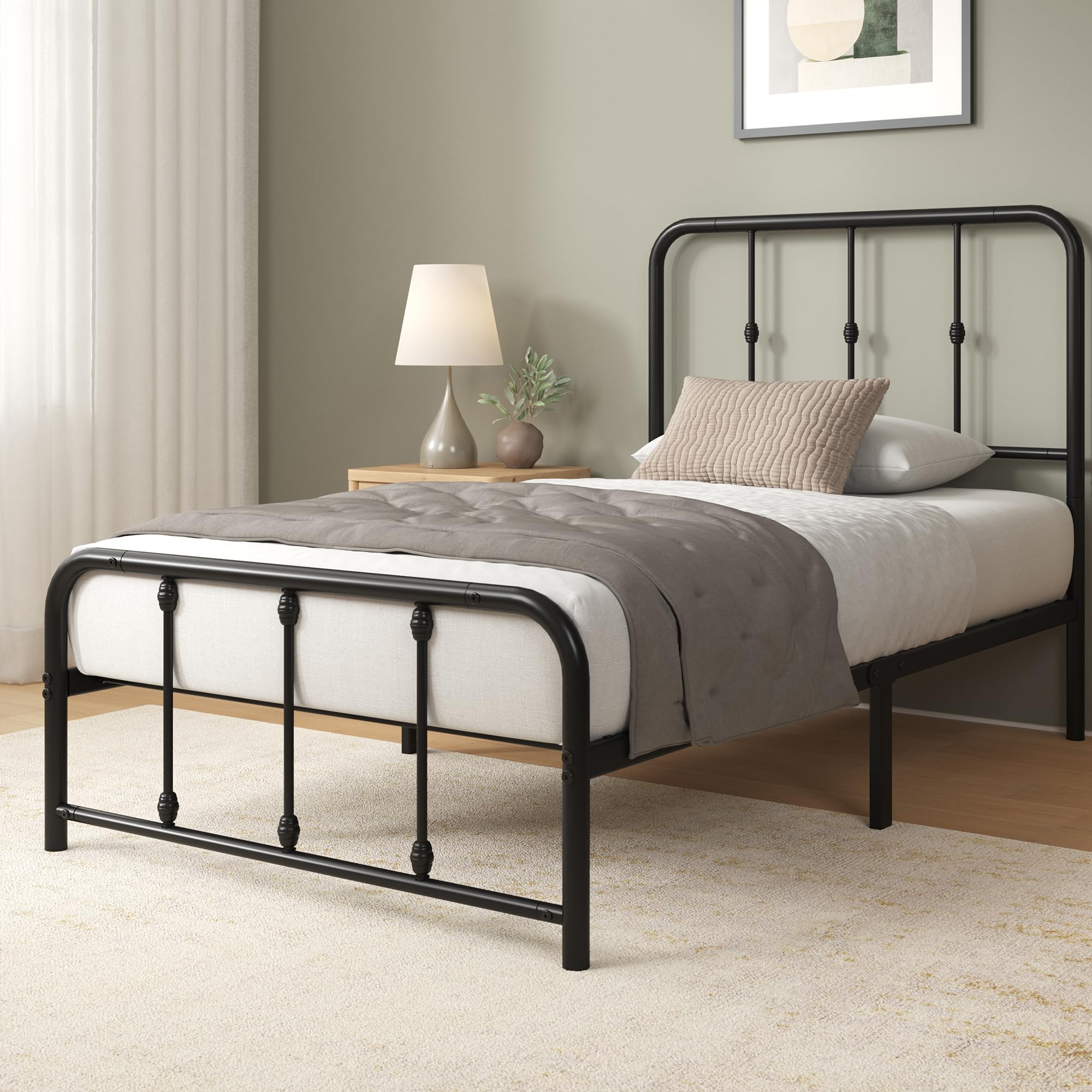 Zinus Florence Single Bed Frame - Vintage Style Metal Base with Headboard | 14'' Storage Height | Black 3