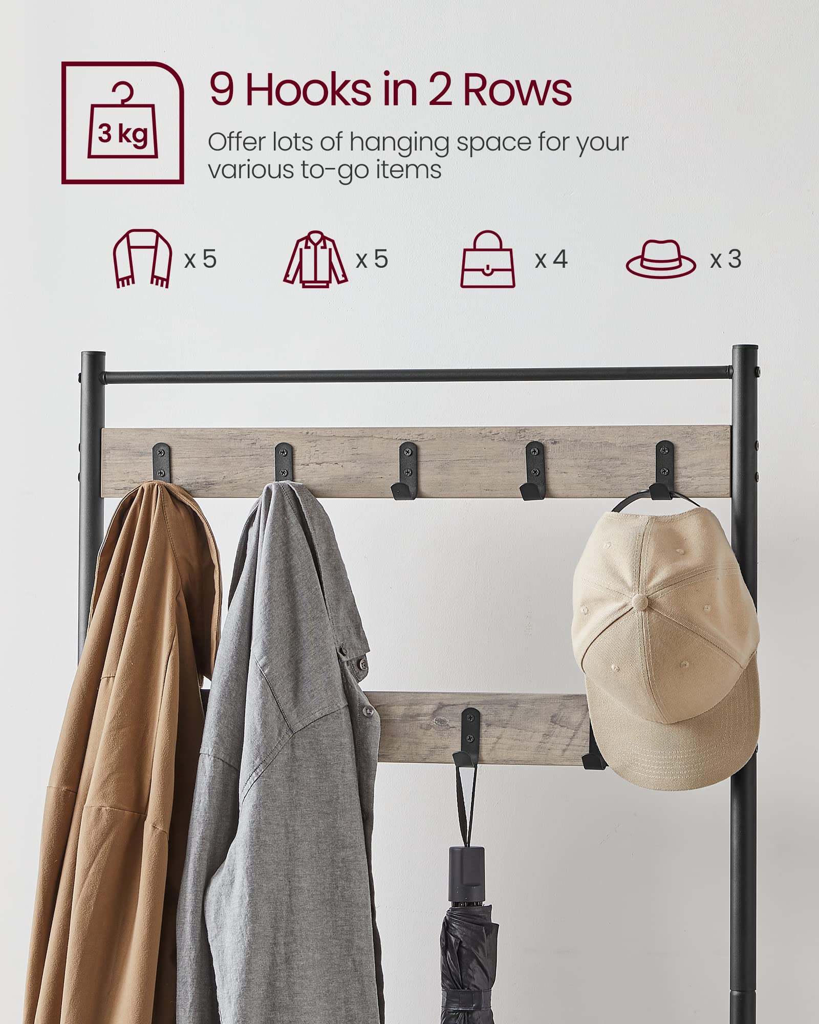 VASAGLE 3-in-1 Coat Stand with Shoe Rack and Bench | Grey + Black | 175cm Height 4
