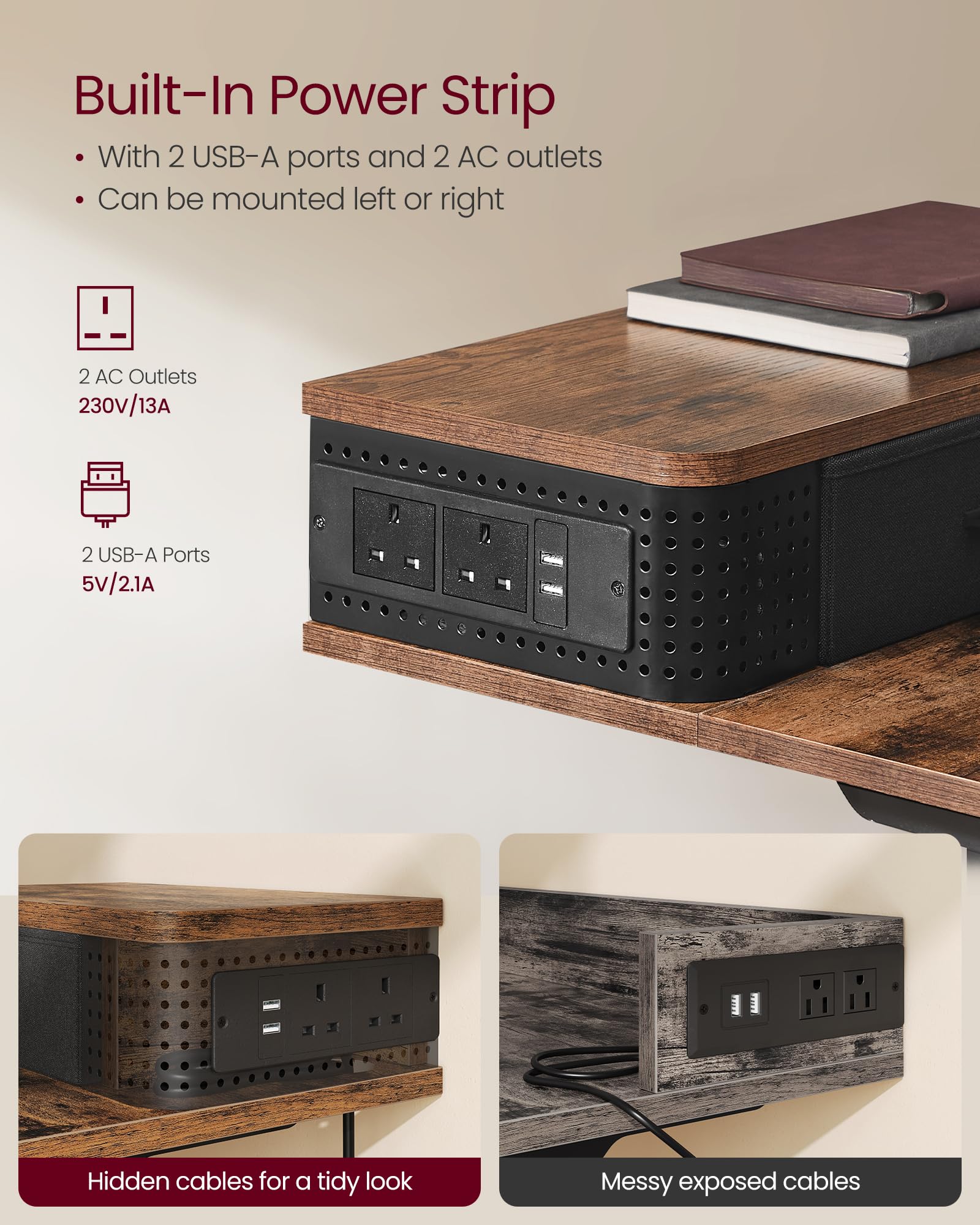 VASAGLE Electric Standing Desk - Adjustable Height 72-120 cm | Built-In Power Strip | Rustic Brown 7