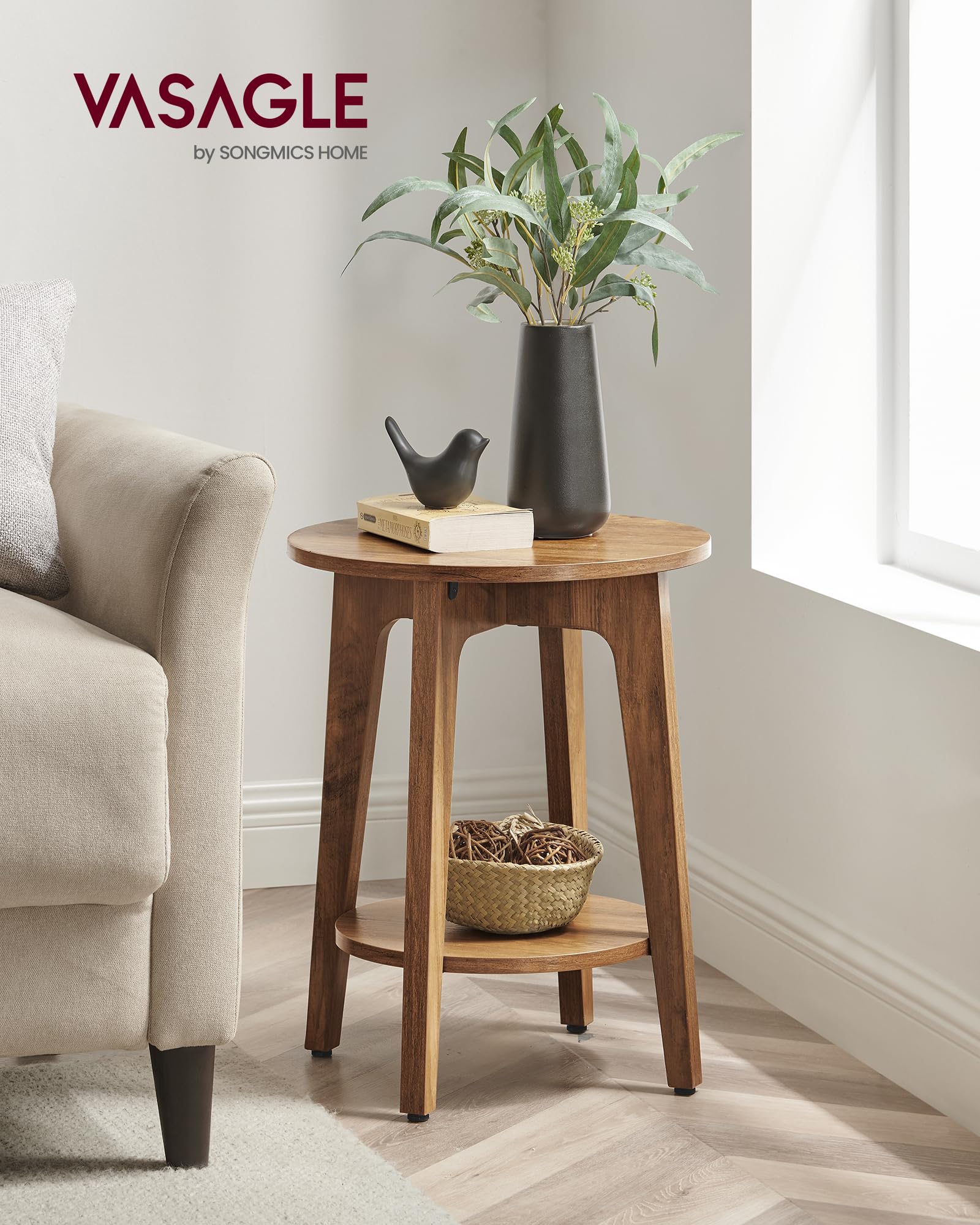 VASAGLE Modern Round End Table - Honey Brown, 2-Tier Storage | 40x50 cm 2