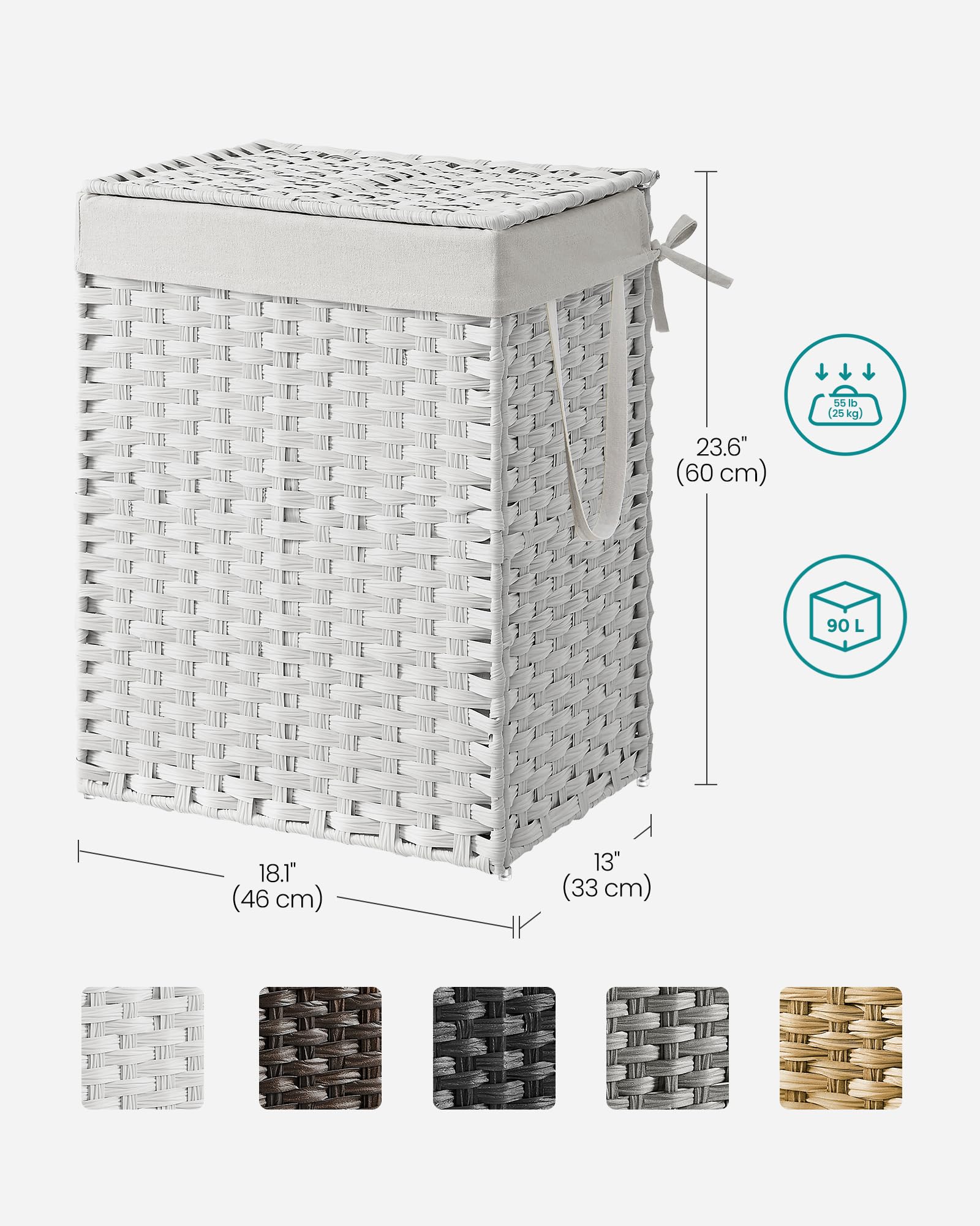 SONGMICS Handwoven Laundry Basket - 90L Capacity, Foldable, White Synthetic Rattan Hamper with Lid 7