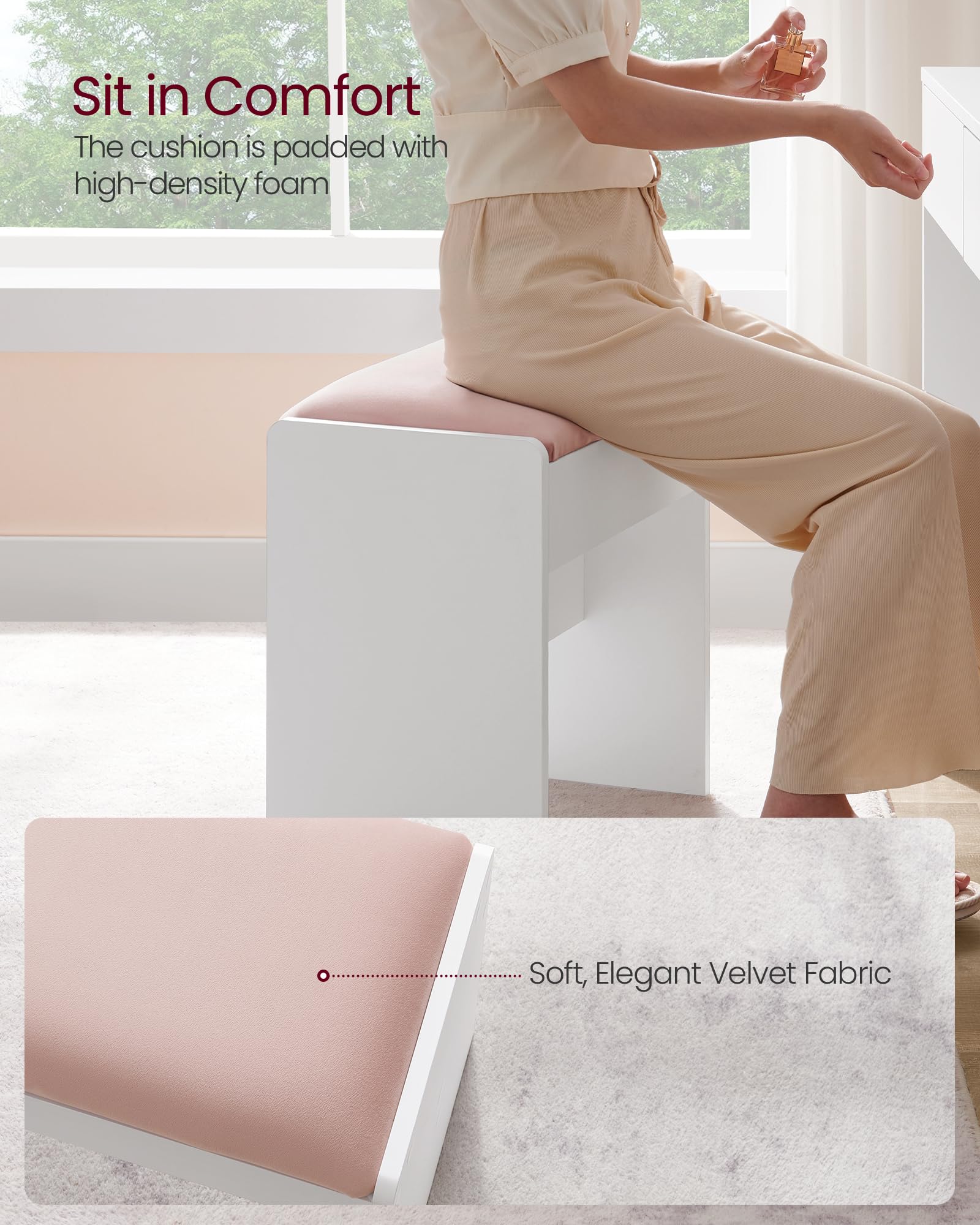 VASAGLE Upholstered Makeup Stool - Velvet Seat, Sturdy Particleboard Frame | Matte White + Jelly Pink 5