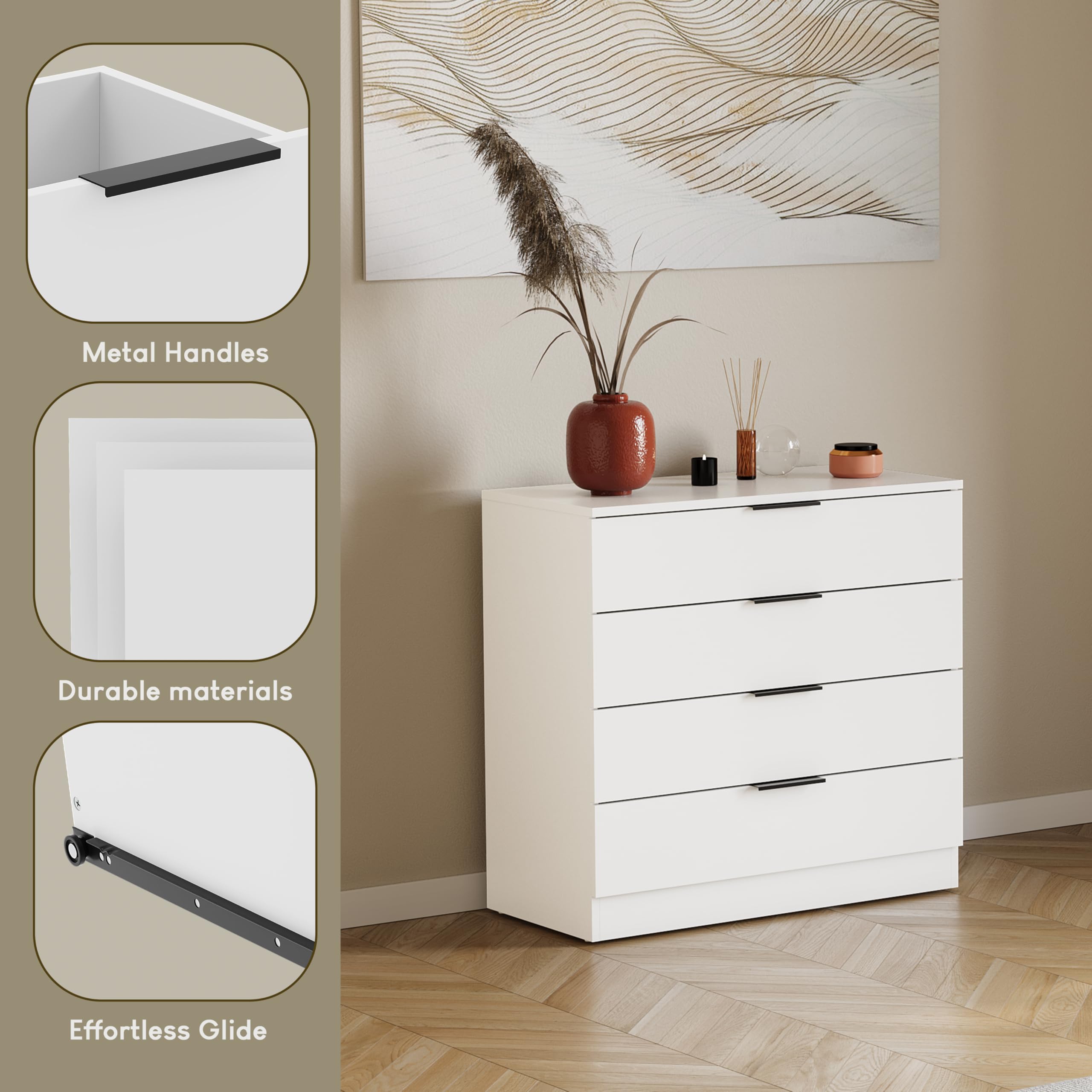 Vida Designs Trega 4 Drawer Chest of Drawers - White | 74H x 66W x 36D cm | Engineered Wood 5