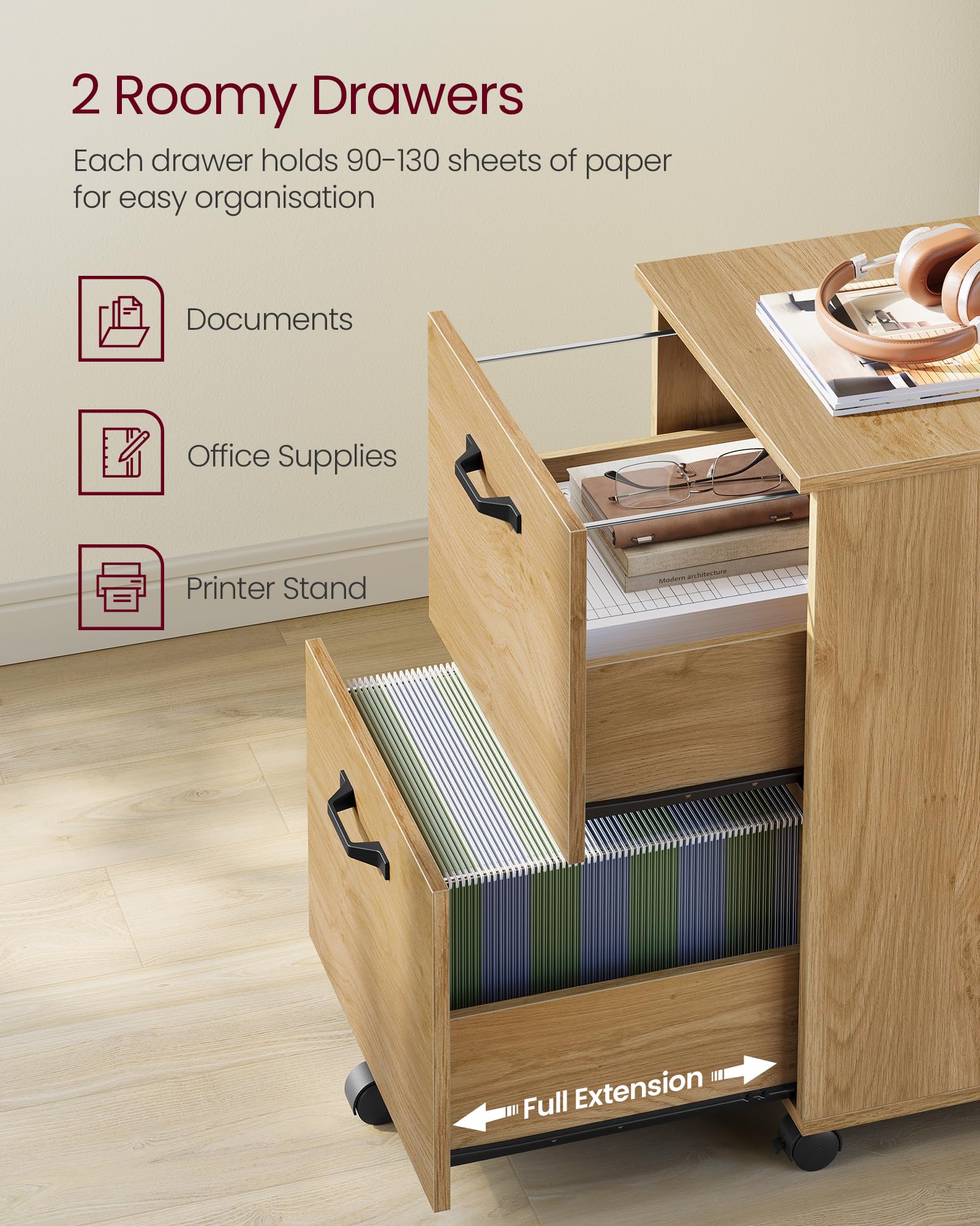 VASAGLE 2-Drawer Mobile File Cabinet - Rolling, Printer Stand, for A4/Letter Files | Straw Yellow 4