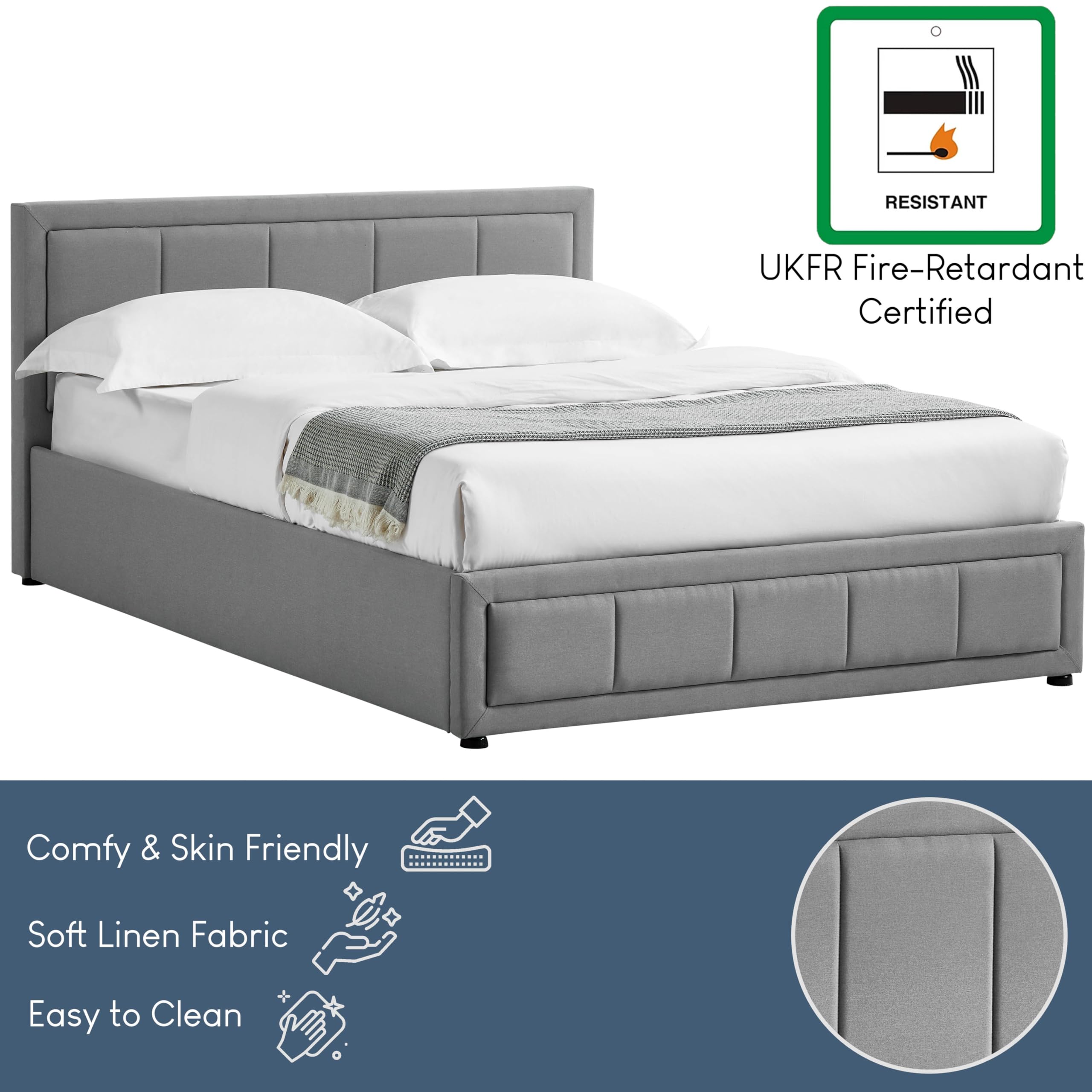 Vida Designs Vanita Double Fabric Bed Frame - Light Grey | Ottoman Storage | Linen Effect 8