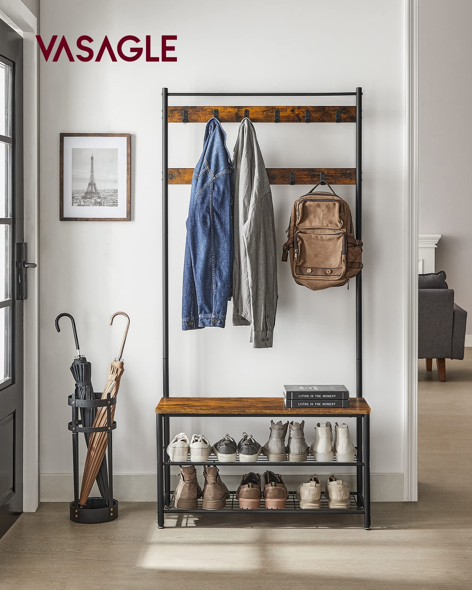 VASAGLE Coat Rack - 3-in-1 Hall Tree with Shoe Storage Bench | 9 Hooks | Rustic Brown & Black