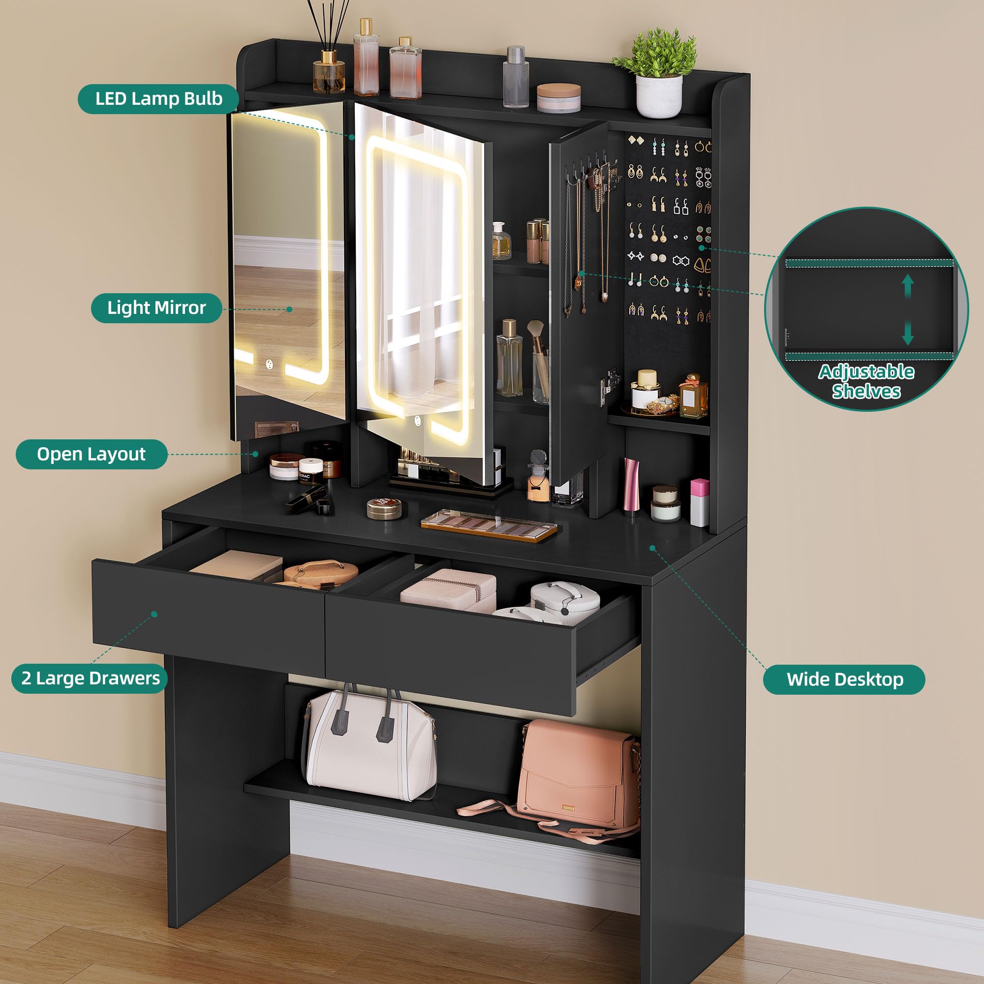 YITAHOME Dressing Table with 3 Mirrors & LED Lights | Black Finish | 90 x 145 x 40 cm 2
