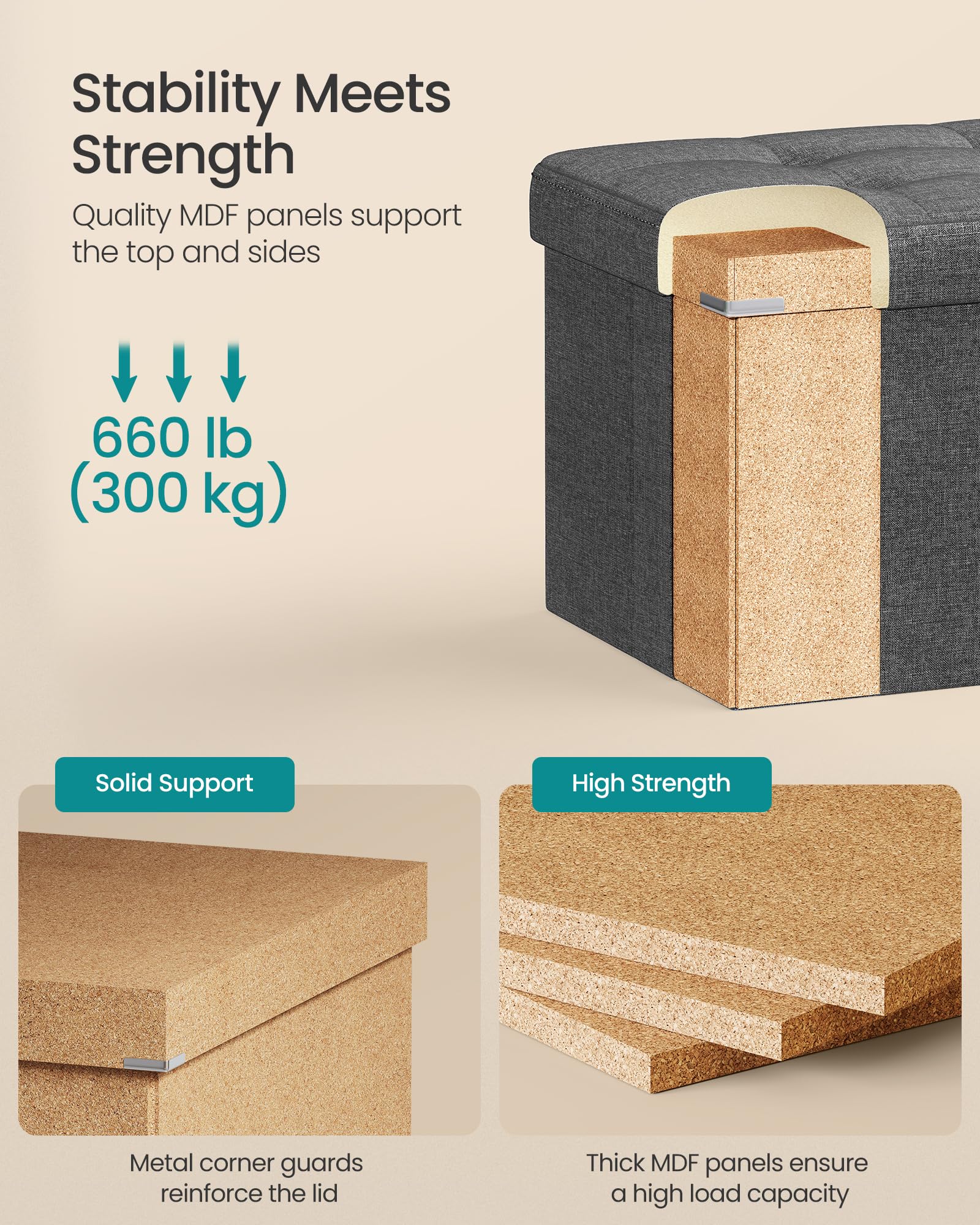 SONGMICS MAZIE Storage Ottoman Bench - 110 cm Folding Foot Rest | 300 kg Capacity | Dark Grey 5