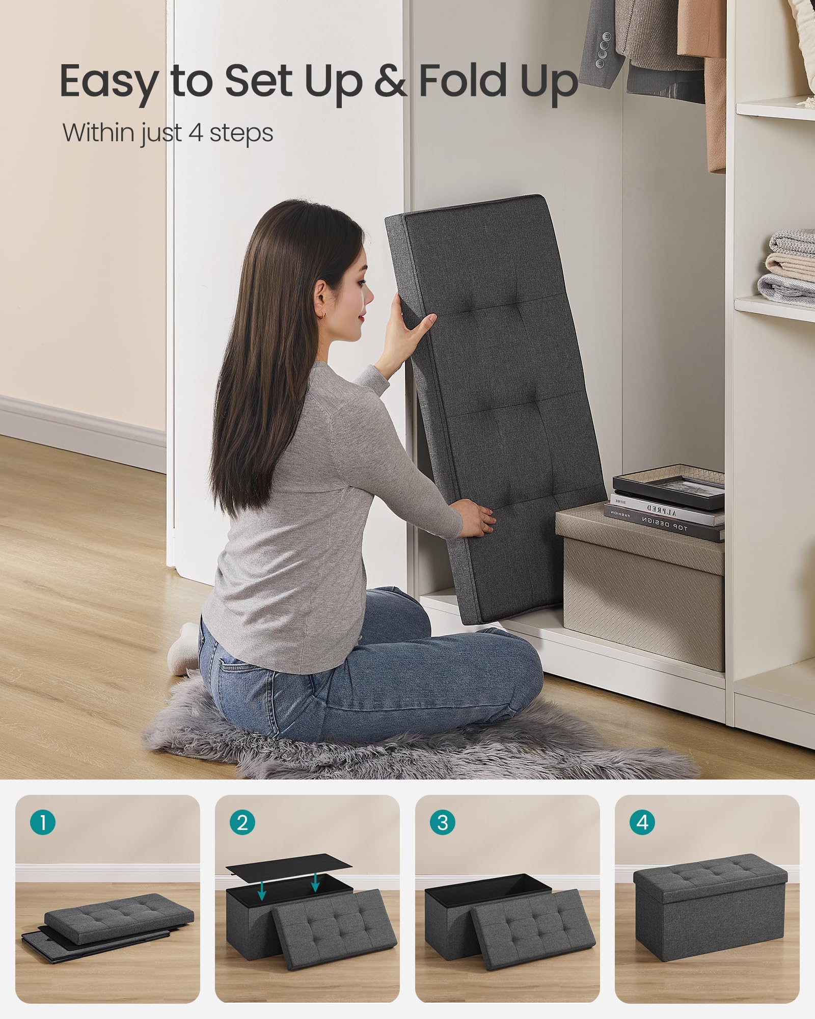 SONGMICS MAZIE Storage Ottoman Bench - 76cm Folding Foot Rest | Dark Grey | 89L Capacity 7