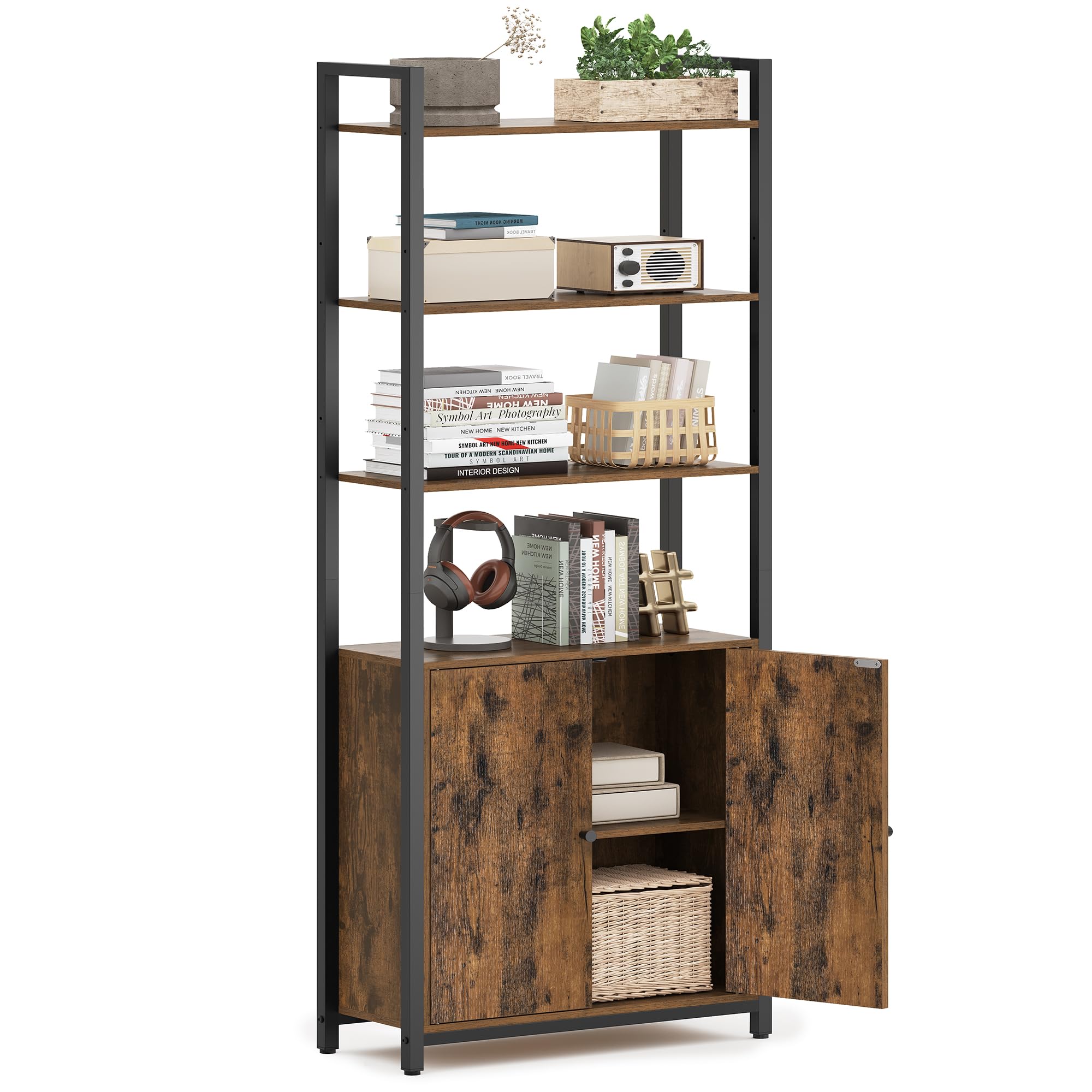VASAGLE 6-Tier Bookcase - Metal Frame, Rustic Brown & Ink Black | 159.5cm Tall