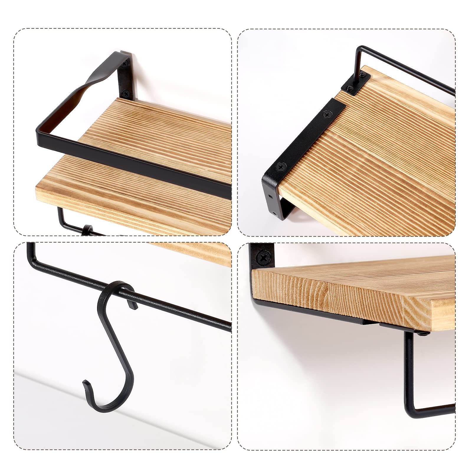 AGM Floating Shelves Wall Mounted Set of 2 Wooden Shelves for Kitchen/Bathroom Storage with Towel Bar & 8 S Hooks | Max Load 33lbs 5