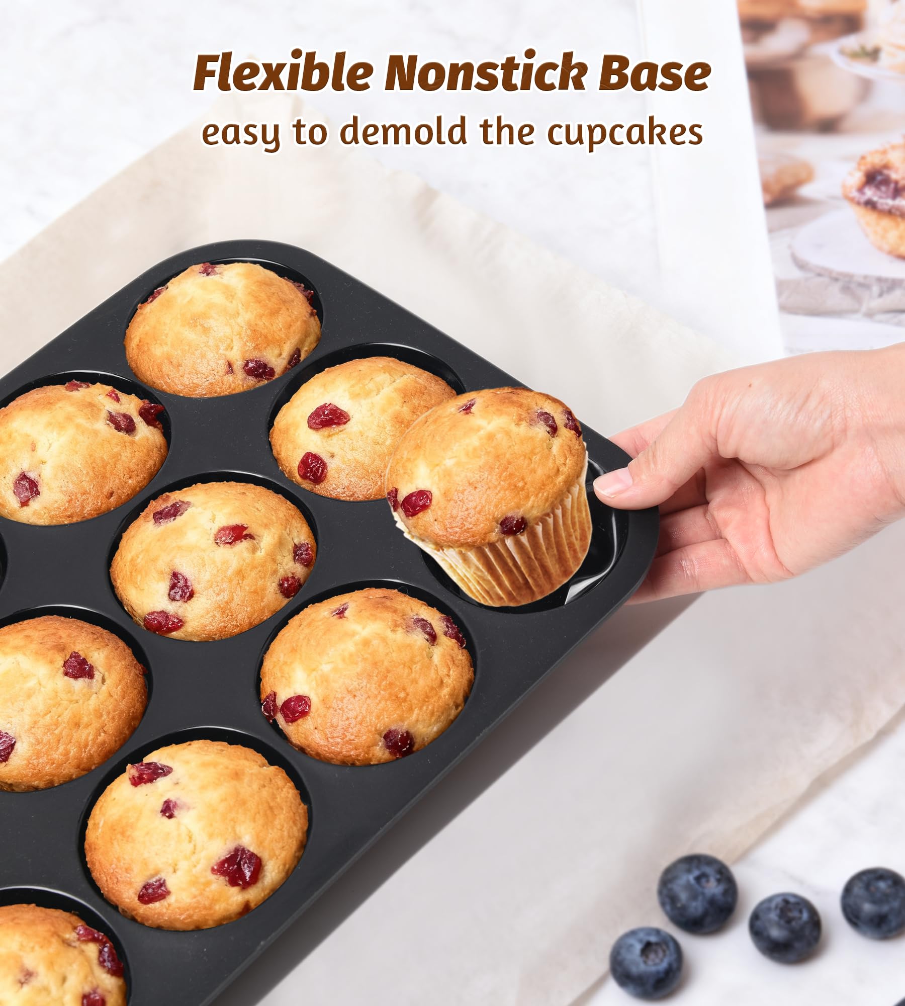 Ankway 12 Cup Muffin Tray - Metal Frame Stability, BPA Free Silicone, Non-Stick | Black 4