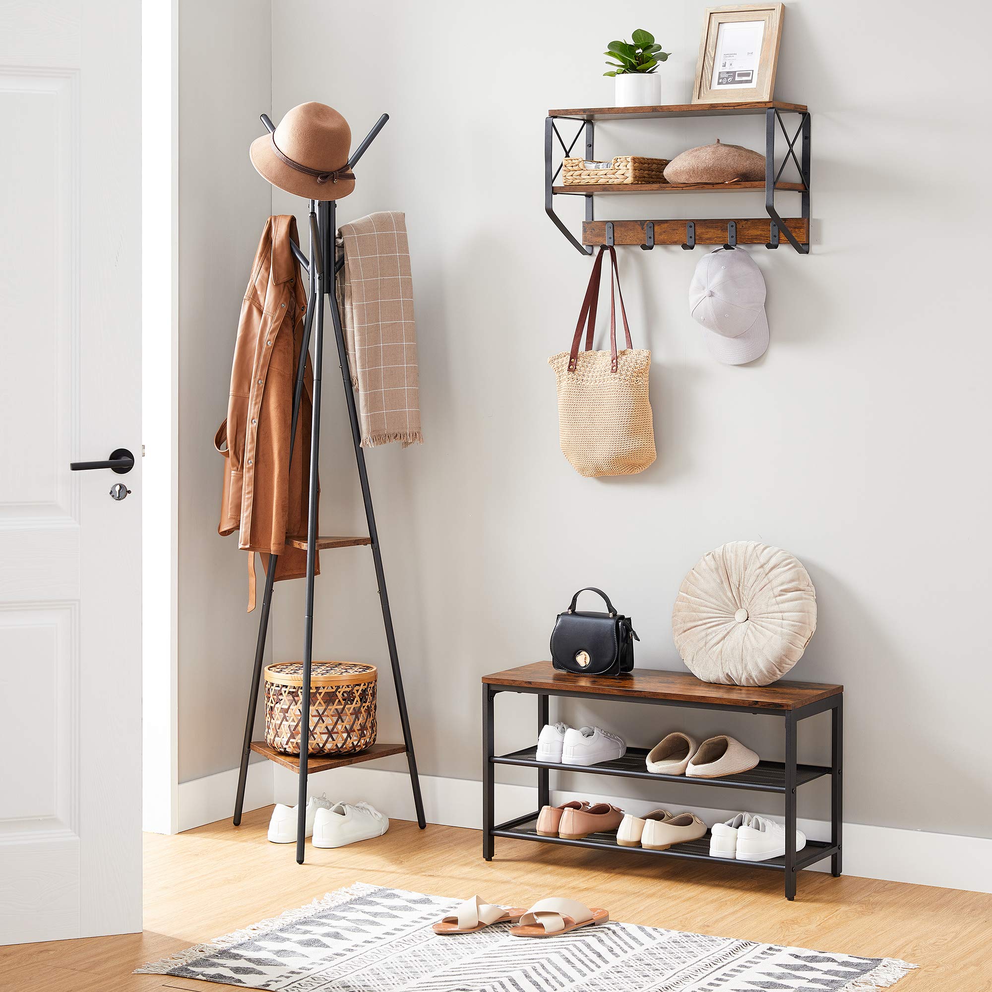 VASAGLE Industrial Style Coat Rack with 6 Hooks and 2 Rustic Shelves | Rustic Brown/Black