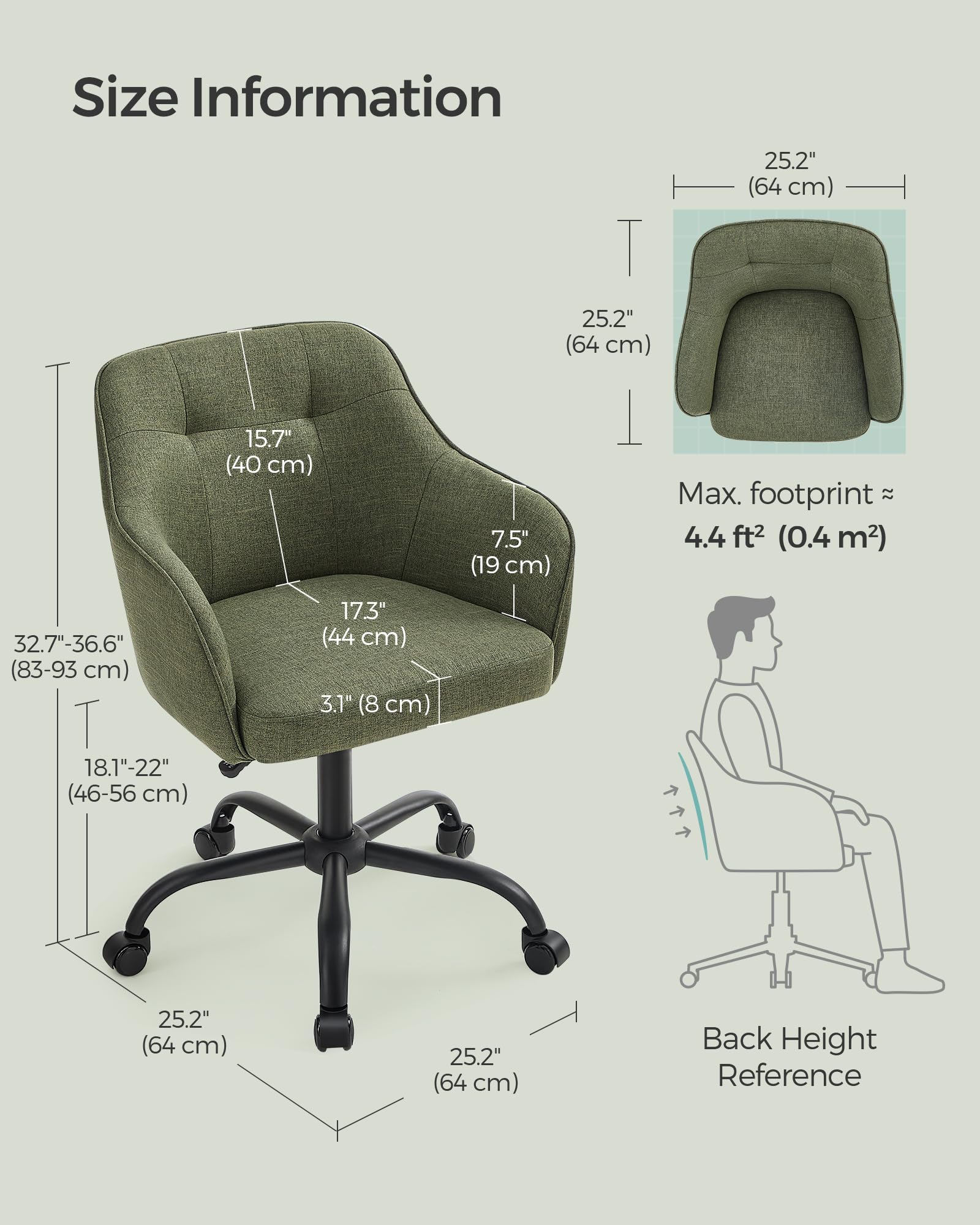 SONGMICS Office Chair - Adjustable Height Swivel Design | 110 kg Load Capacity | Green Cotton-Linen 3