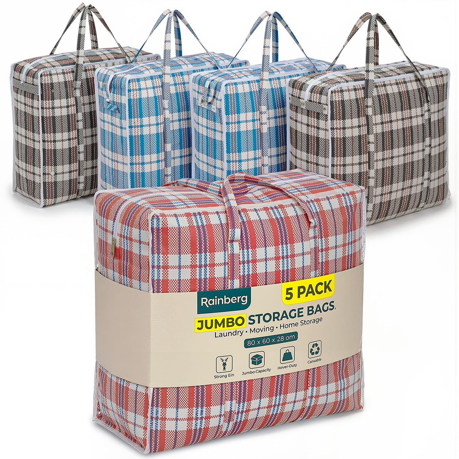 Rainberg Jumbo Storage Bags - 5 Pack Reusable Laundry & Moving Bags | 80x60cm | Holds up to 35kg 1