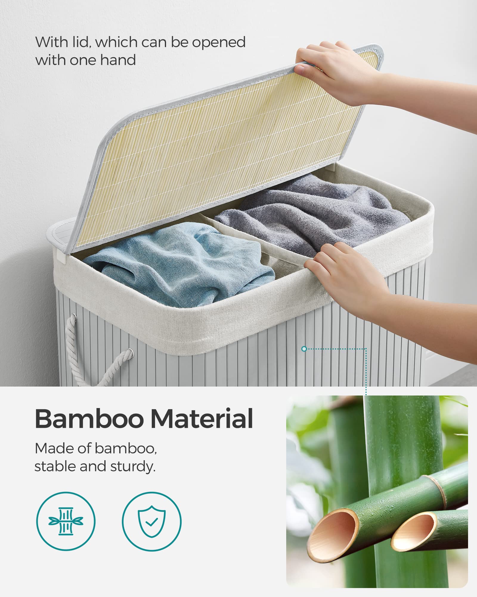 SONGMICS Bamboo Laundry Basket with Lid - 100L Volume, 2 Sorting Compartments, Removable Bag, Grey 6