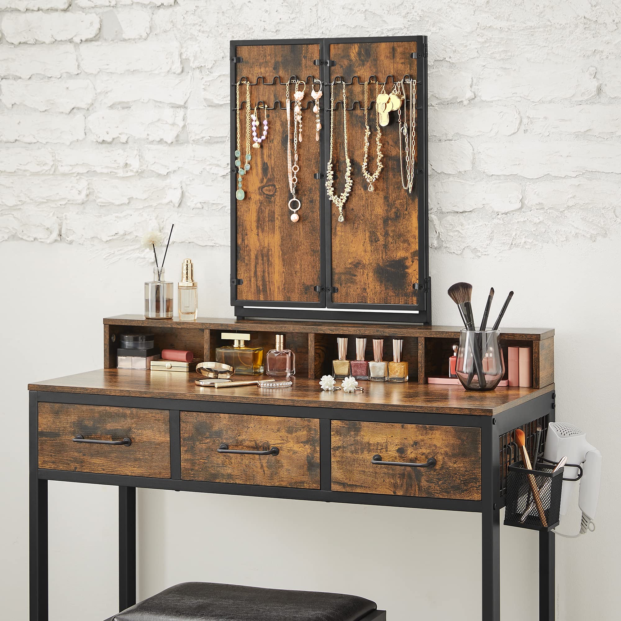 VASAGLE Dressing Table with Tri-Fold Mirror and Stool | 3 Drawers | Industrial Style | Rustic Brown/Black 8