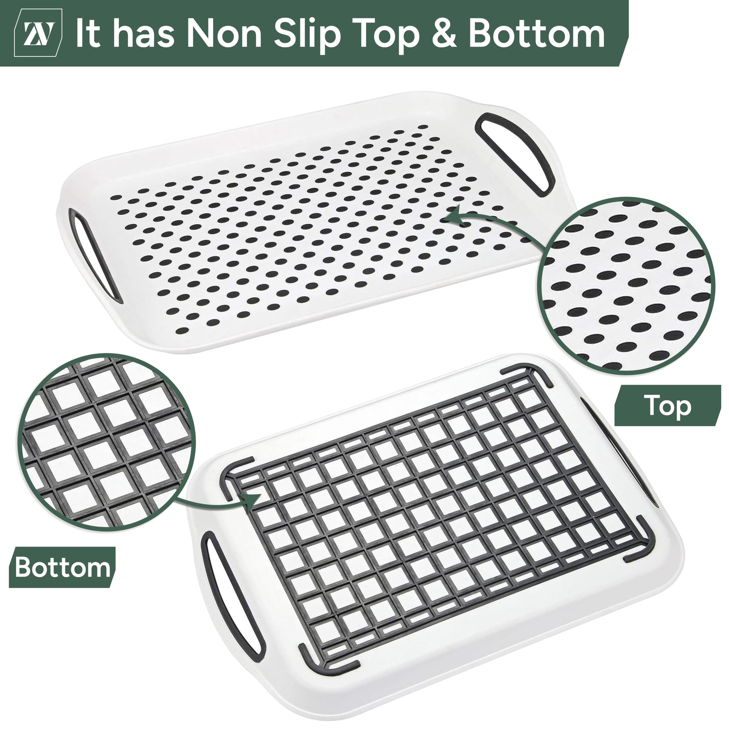 Zuvo 2-Pack Anti-Slip Serving Trays with Handles | Lightweight BPA-Free Plastic | White 7