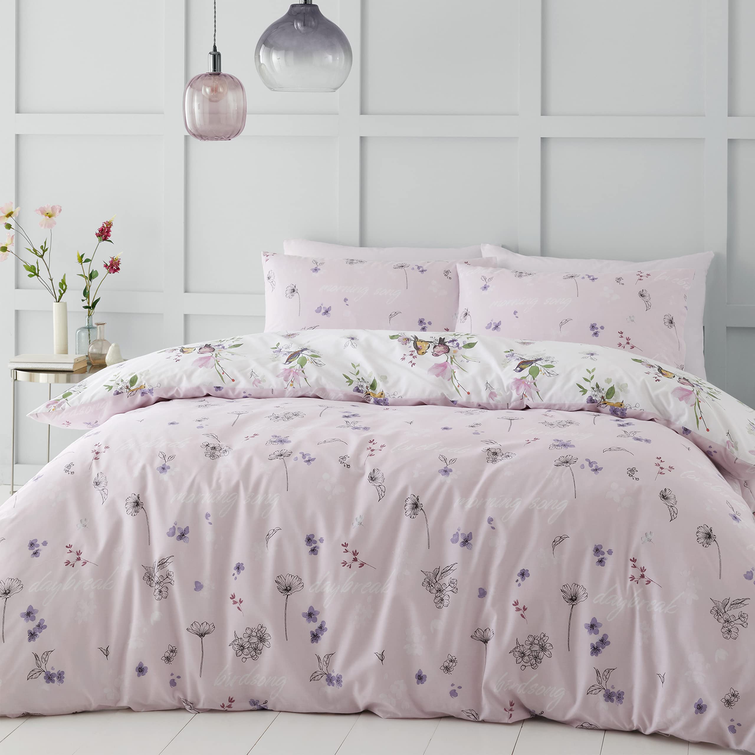Catherine Lansfield Songbird King Duvet Cover Set with 2 Pillowcases Pink Polycotton 2