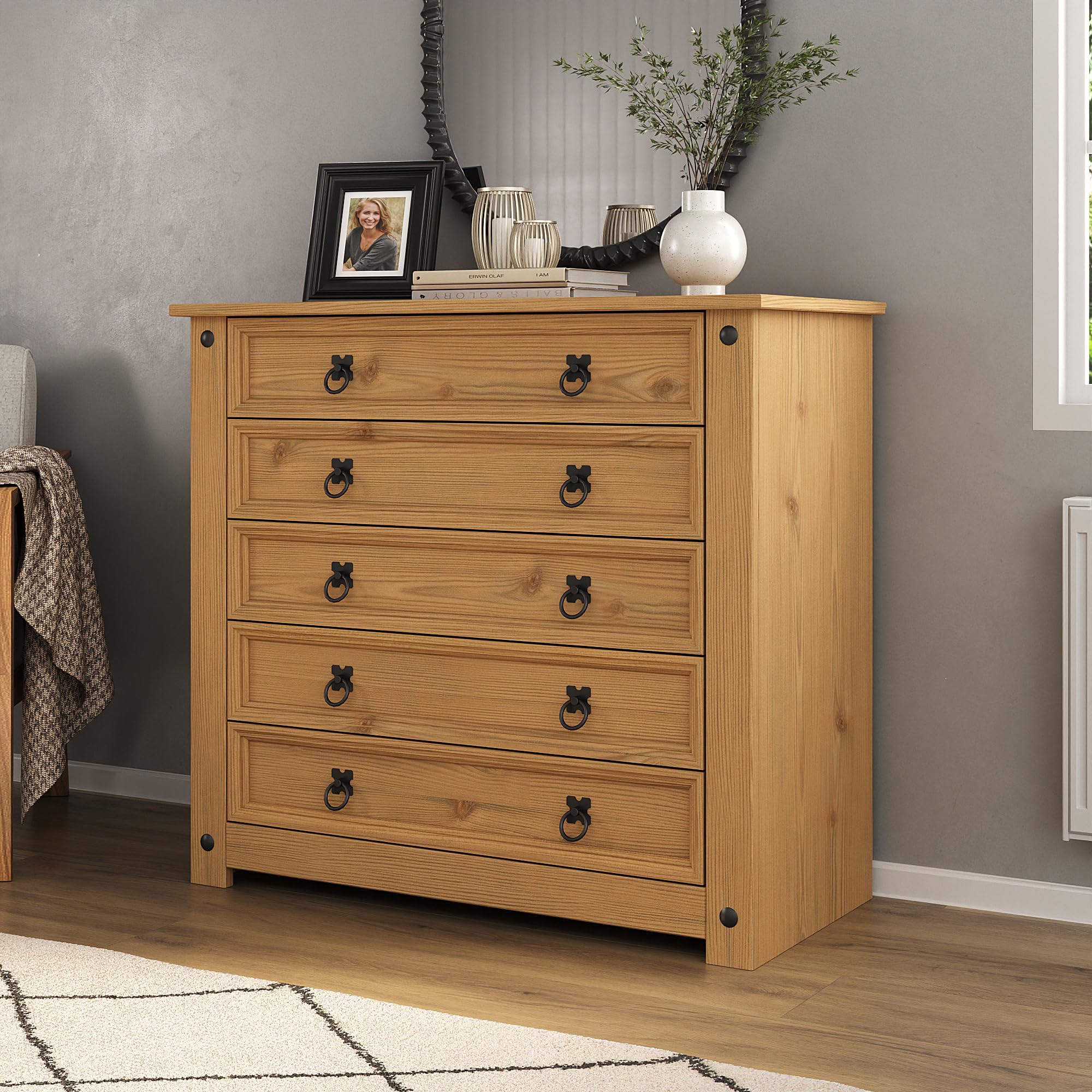Mews Corona 5 Drawer Chest of Drawers - Solid Pine, Waxed Finish | 80cm H x 89cm W 1