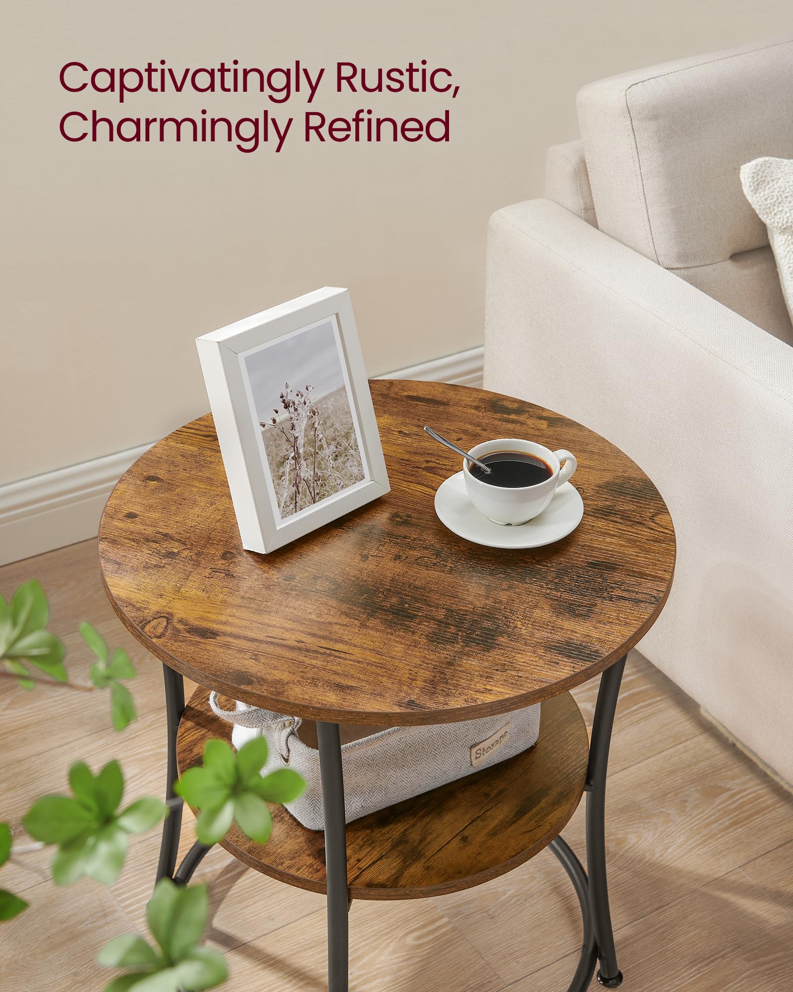 VASAGLE Round End Table - 2 Shelves, Industrial Style | 55 cm Dia | Rustic Brown/Ink Black 4