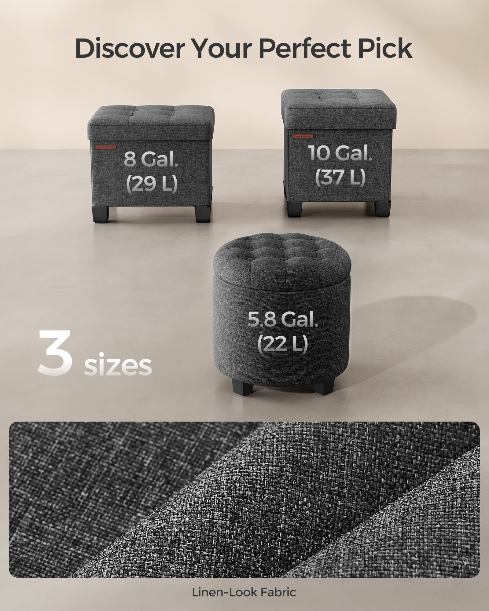 SONGMICS Round Storage Ottoman - Dark Grey Linen-Look | Supports 150 kg | 45 x 45 x 44.5 cm 6