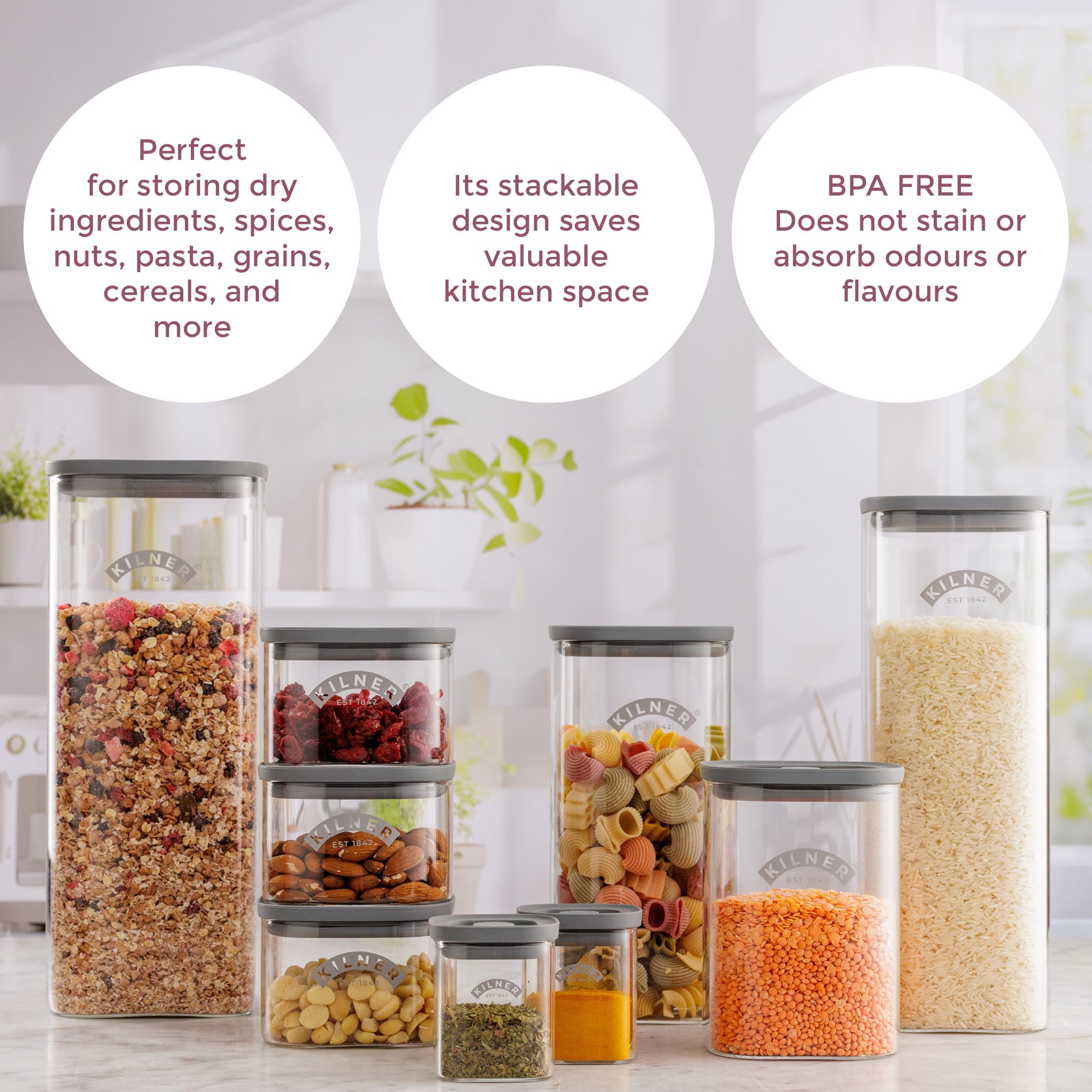 Kilner Fresh Storage Jar - 1.5 Litre Airtight Glass Container for Dry Goods | Stackable, BPA Free 5
