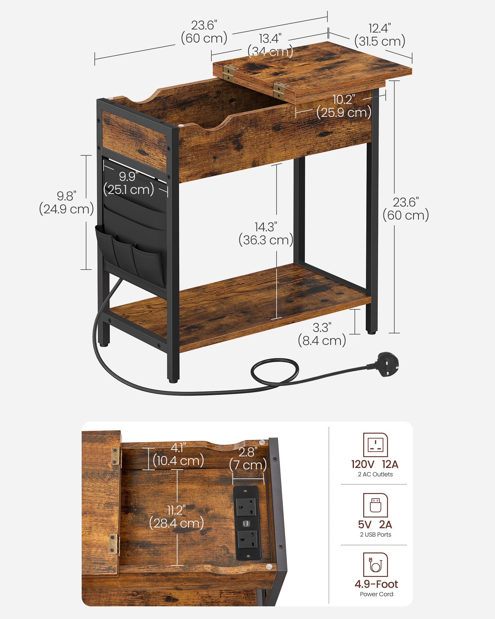 VASAGLE Slim Side Table with Charging Station | Rustic Brown & Black | 60 x 31.5 x 60 cm 3