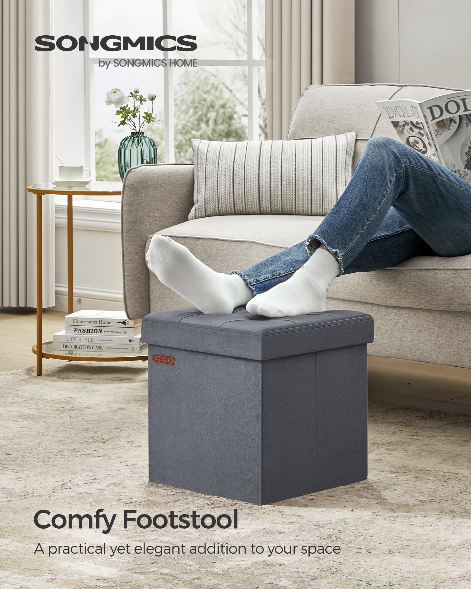 SONGMICS Storage Ottoman - Foldable Foot Rest with 43L Capacity | Slate Grey | 38 x 38 x 38 cm 4
