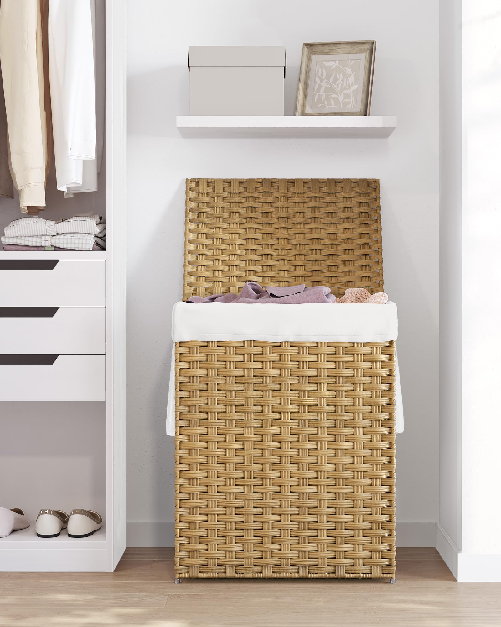 SONGMICS 90L Synthetic Rattan Laundry Basket with Lid and Handles | Foldable | Natural Colour 9