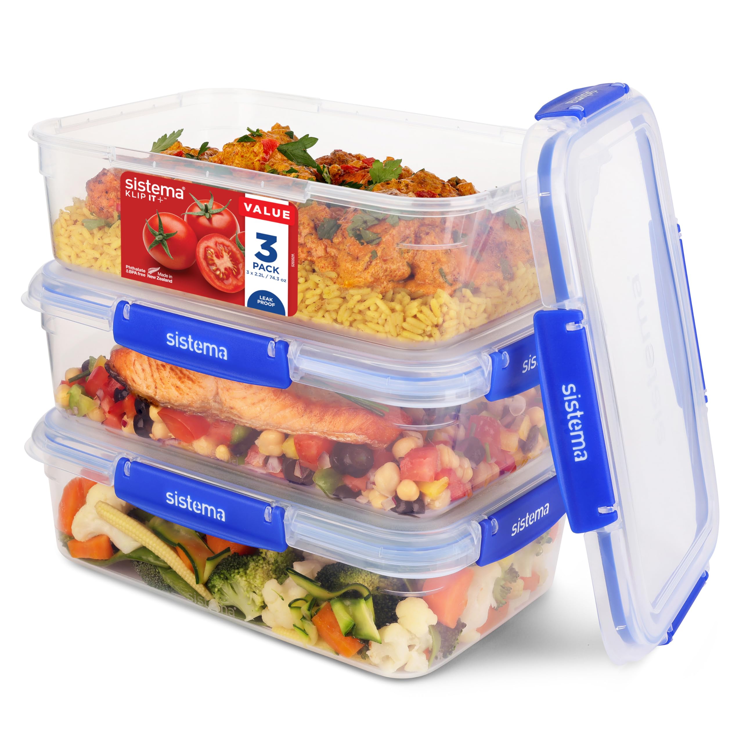 Sistema KLIP IT PLUS Leakproof Food Storage Containers - 2.2L, Airtight, Stackable, 3 Count