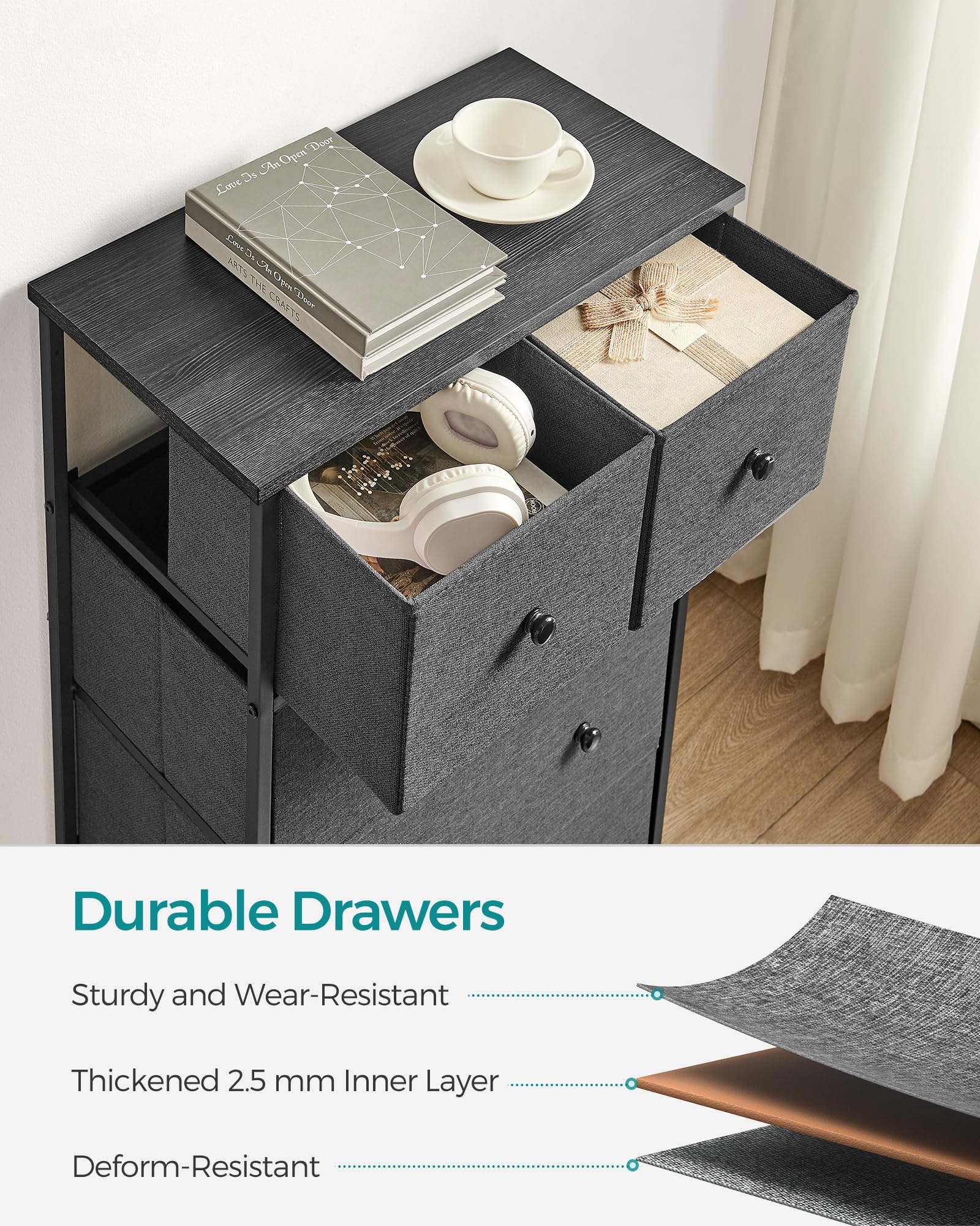 SONGMICS 5-Drawer Fabric Storage Organiser Unit - Grey/Black Wood Grain | 30x56x93 cm 6