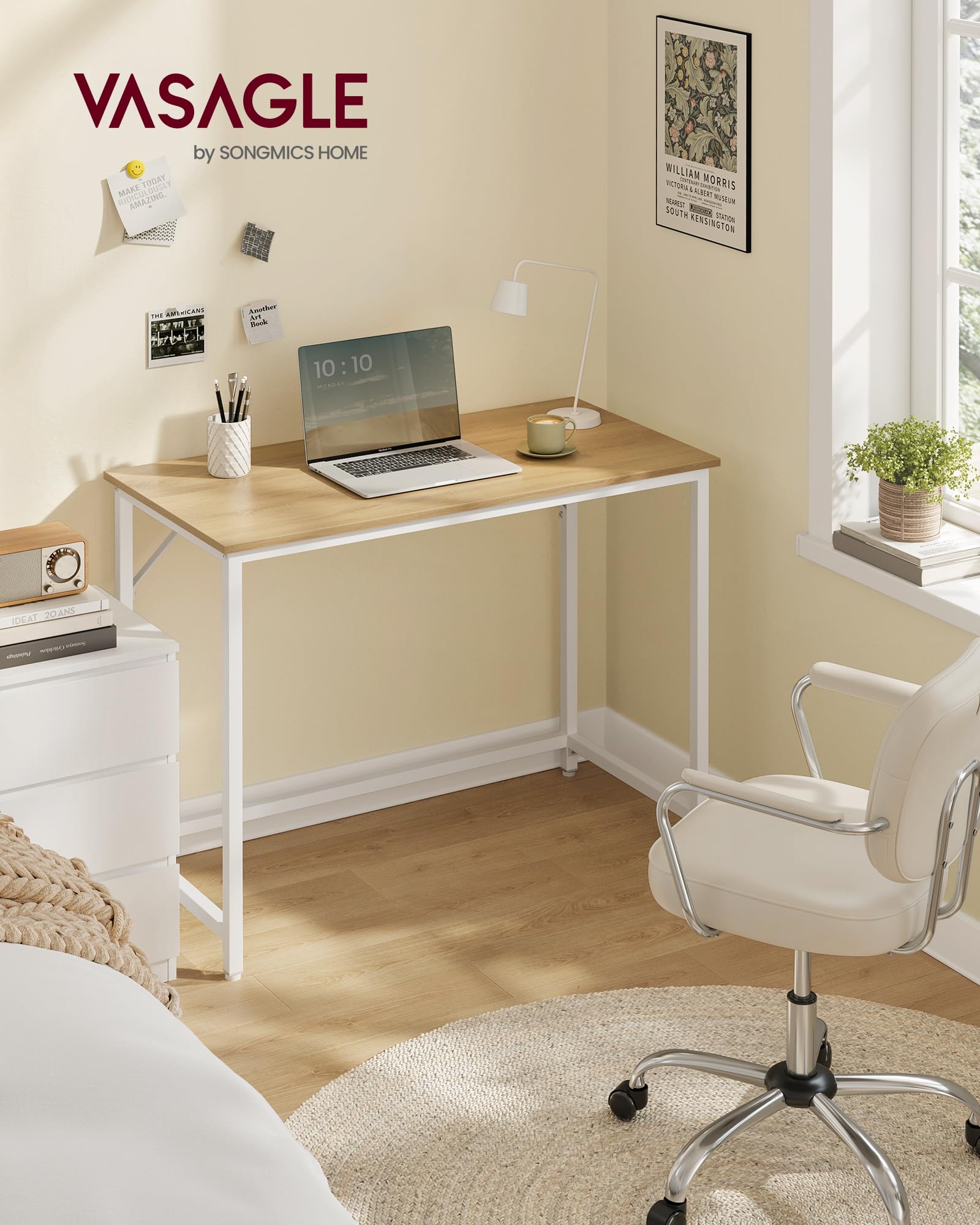 VASAGLE Computer Desk - Compact 100 x 50 cm Workspace | Natural Oak & Pearl White | 50 kg Load Capacity