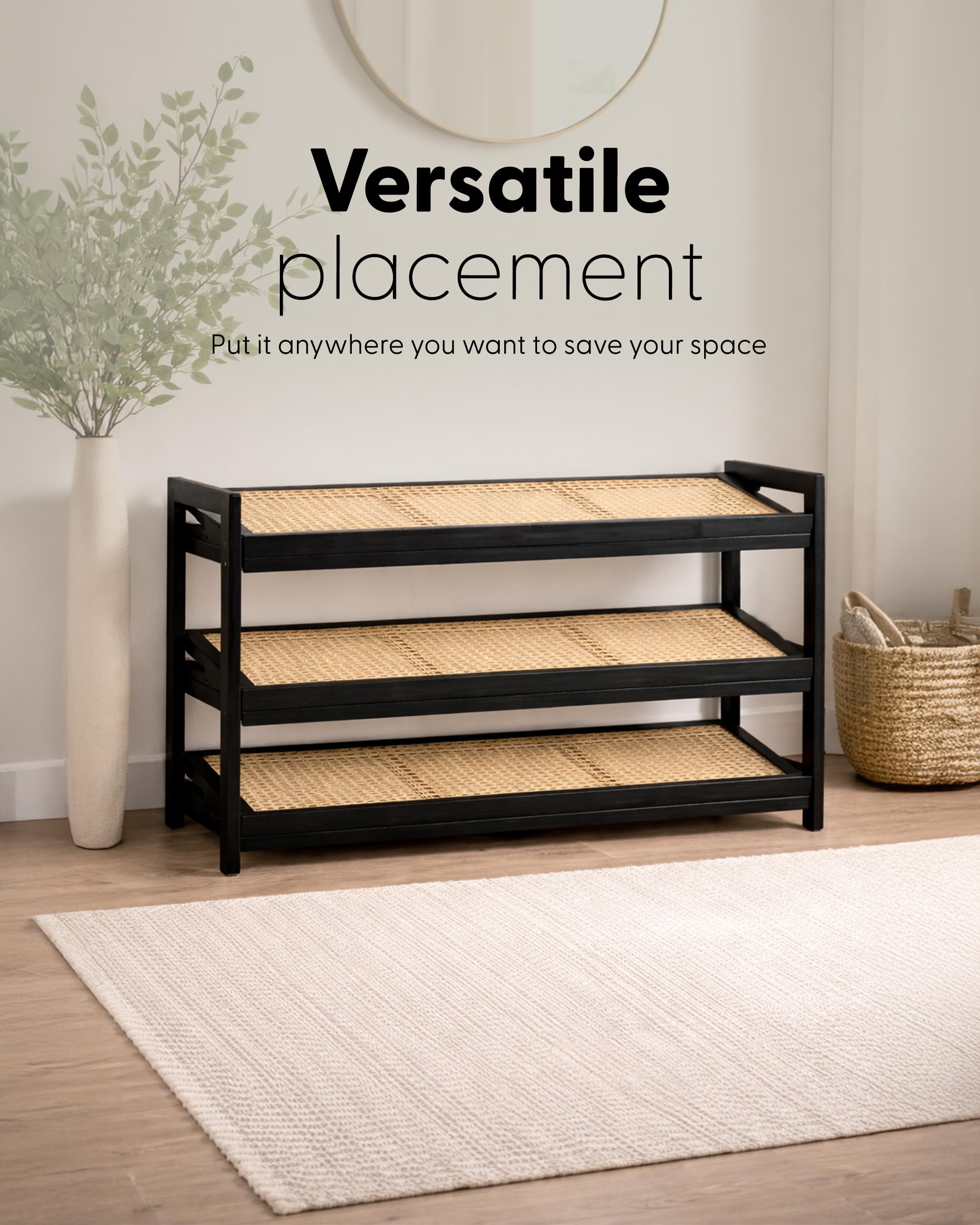 KEPLIN 3 Tier Shoe Rack - Bamboo & Rattan | Holds 9 Pairs | 70x29x54 cm | Natural/Black 5