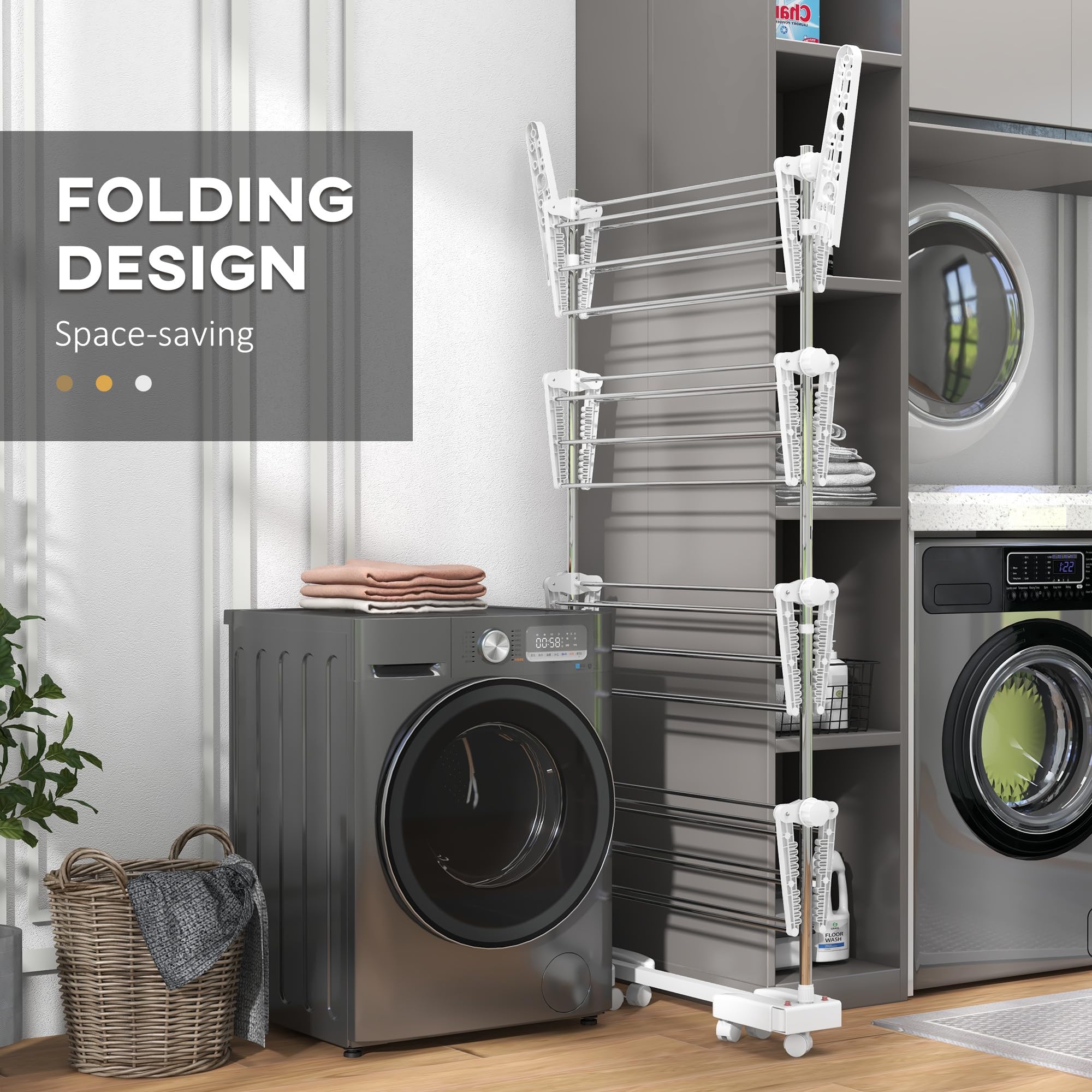 HOMCOM 4-Tier Stainless Steel Clothes Drying Rack | Foldable | Max Load 30kg | Wheeled 5