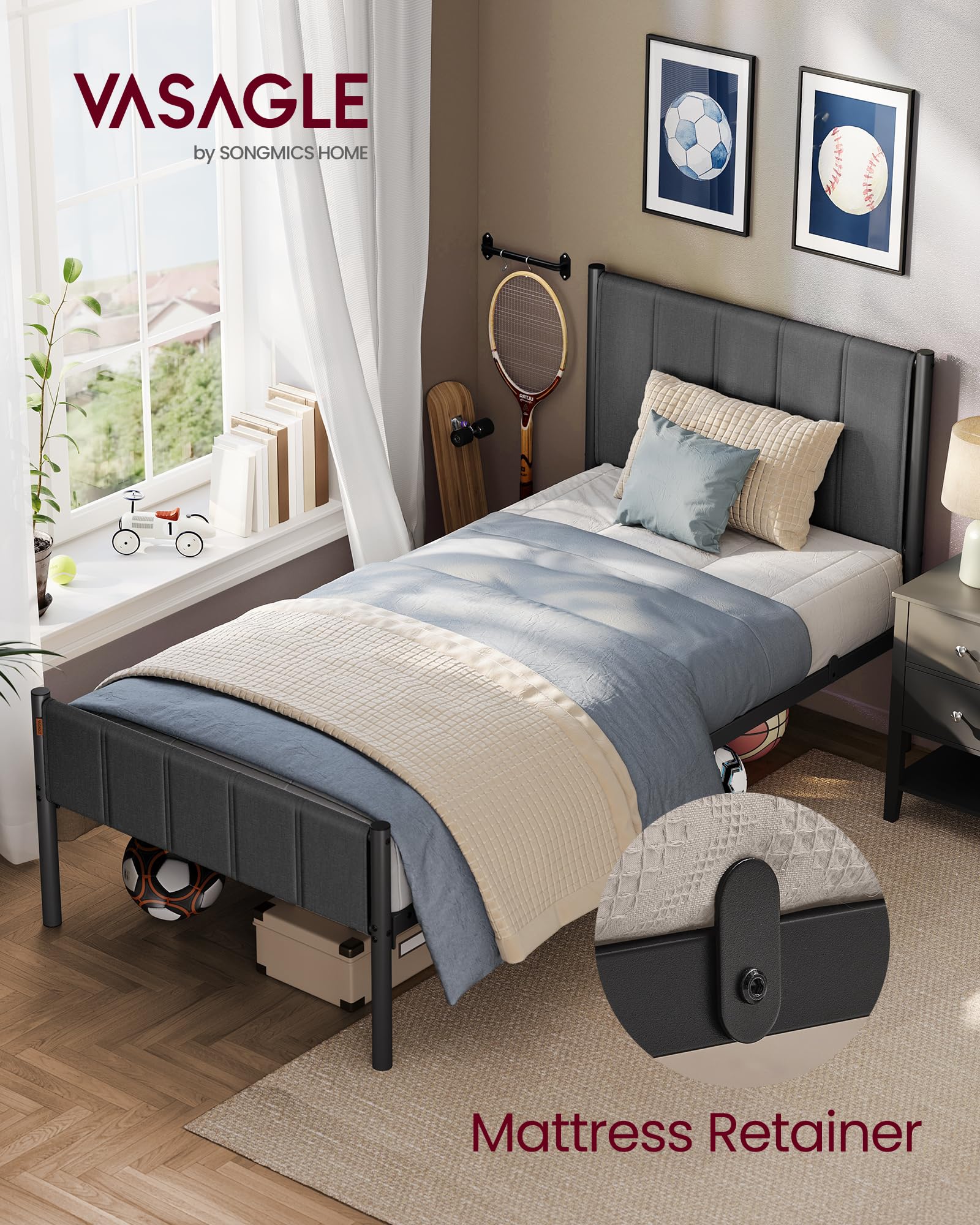 VASAGLE Single Bed Frame 90 x 190 cm with Upholstered Headboard | Slate Grey | Squeak Resistant 3