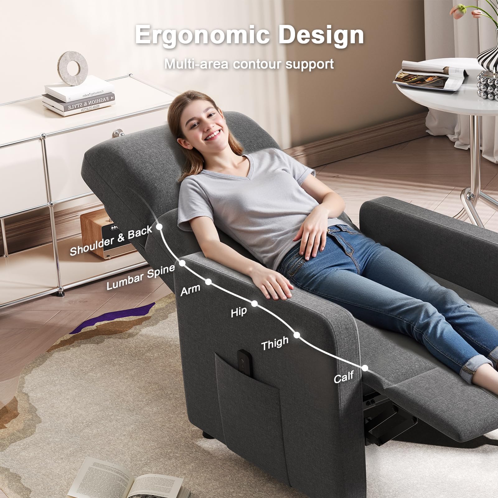 JUMMICO Electric Recliner Armchair - Grey Fabric, Stepless Adjustment up to 155° 6