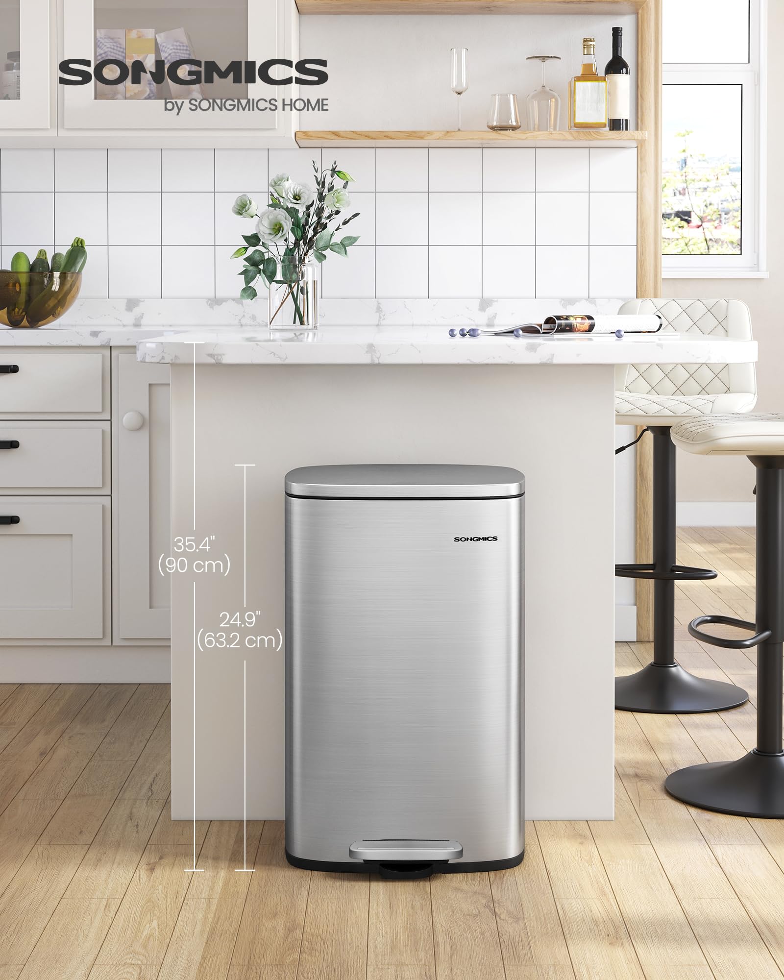 SONGMICS Kitchen Bin 50 L Pedal Rubbish Bin | Soft Close | Steel | Silver LTB050E01 2