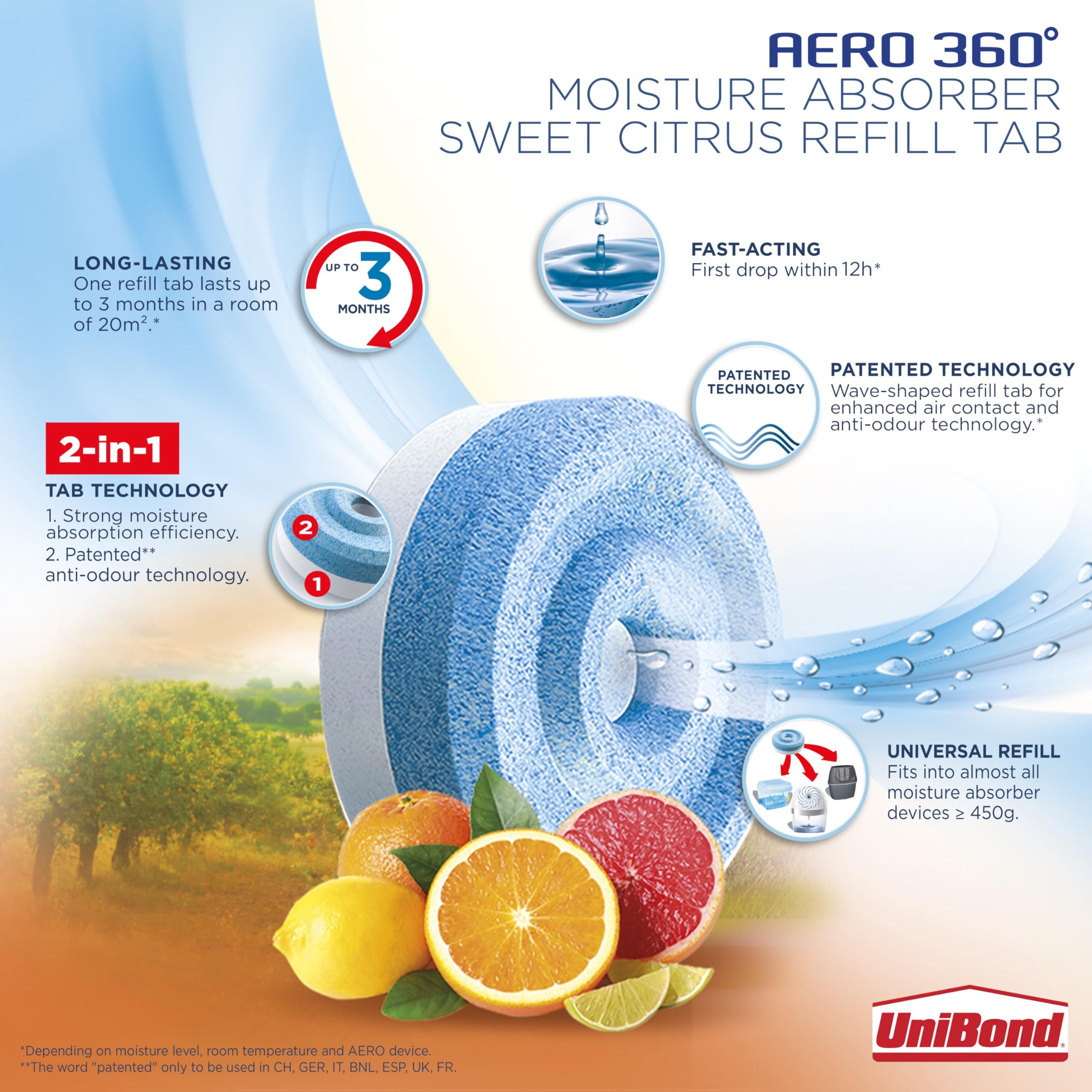 Unibond AERO 360° Moisture Absorber Refill Tabs - Citrus Scent, 2 x 450g | 1-3 Month Duration 3
