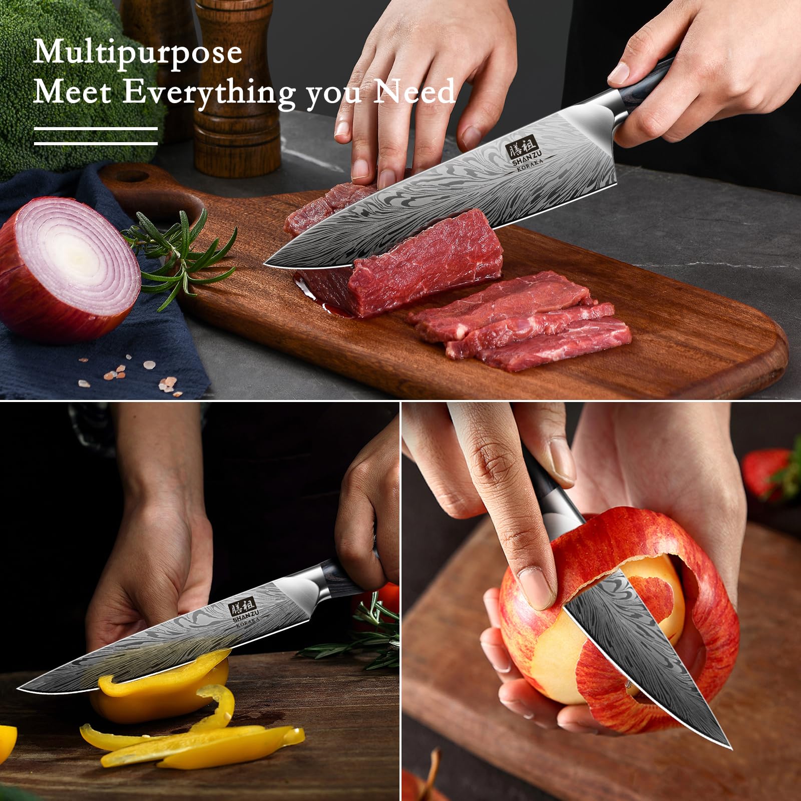 SHAN ZU 3 Piece Kitchen Knife Set - High Carbon Powder Steel, 63 HRC Hardness, 12° Blade Angle 6