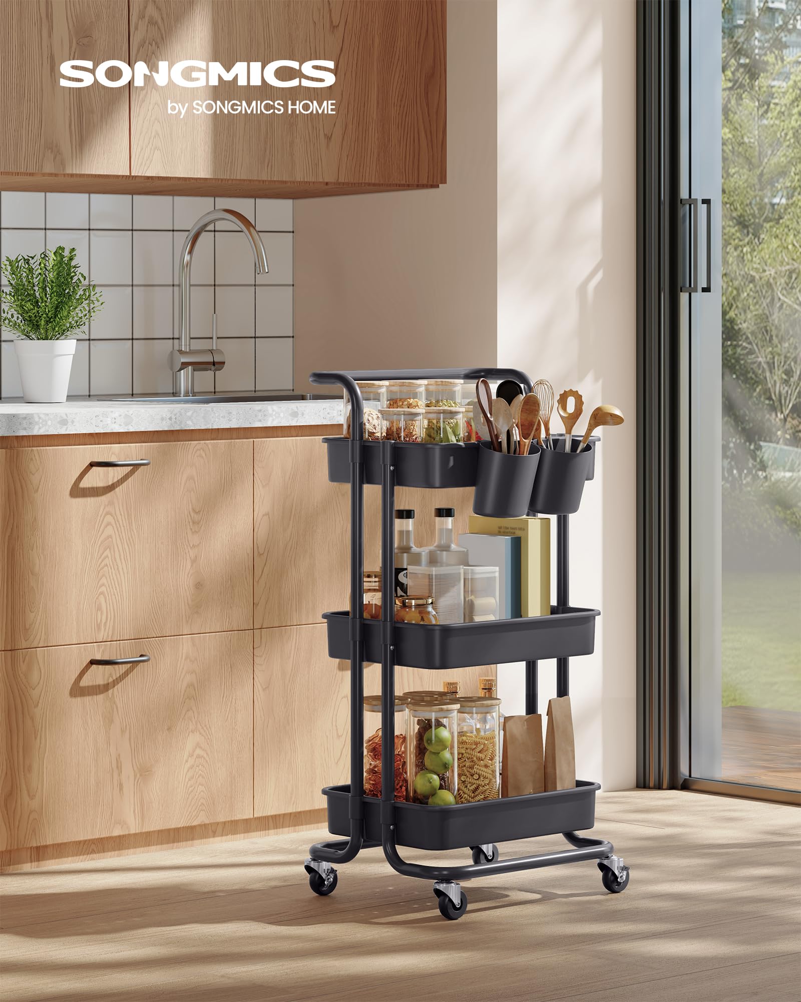 SONGMICS Rolling Cart - 3-Tier Storage with Handle | 2 Organizers | Black/White