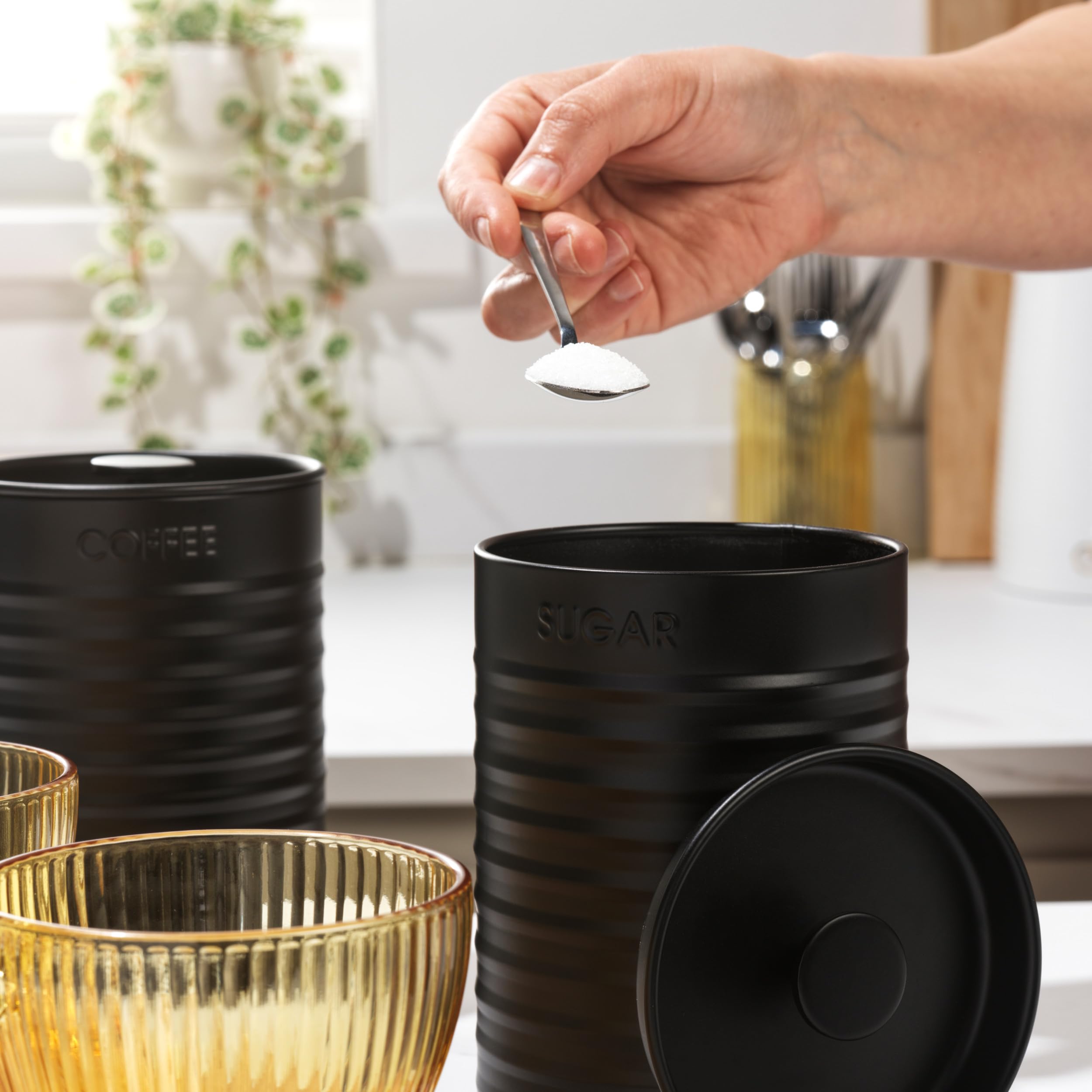 Russell Hobbs Ribbed 3-Piece Canister Set - Black | Powder-Coated Steel | Air Tight Storage 5