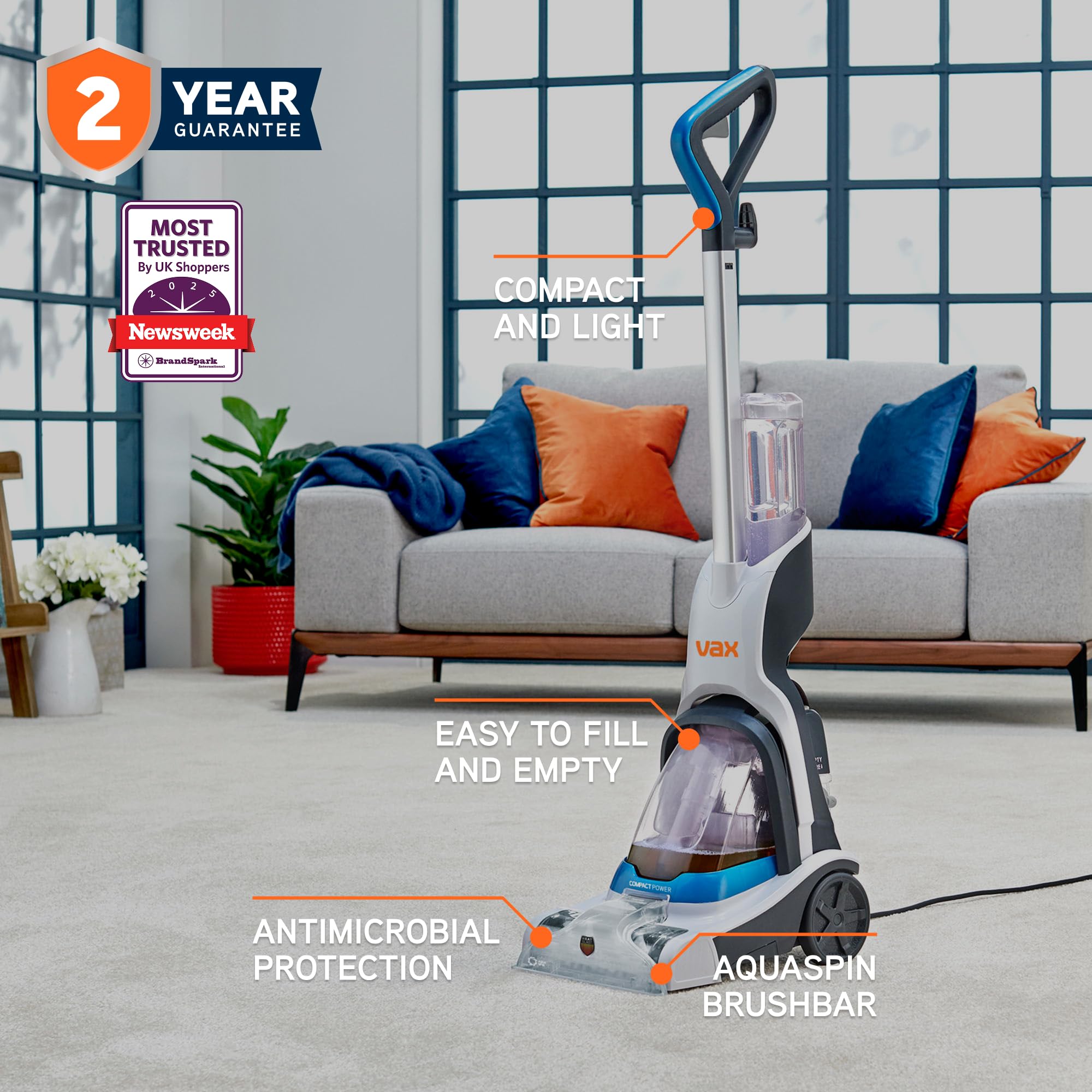 Vax Compact Power Upright Carpet Cleaner Machine - Aquaspin Brushbar | 5.7kg 2