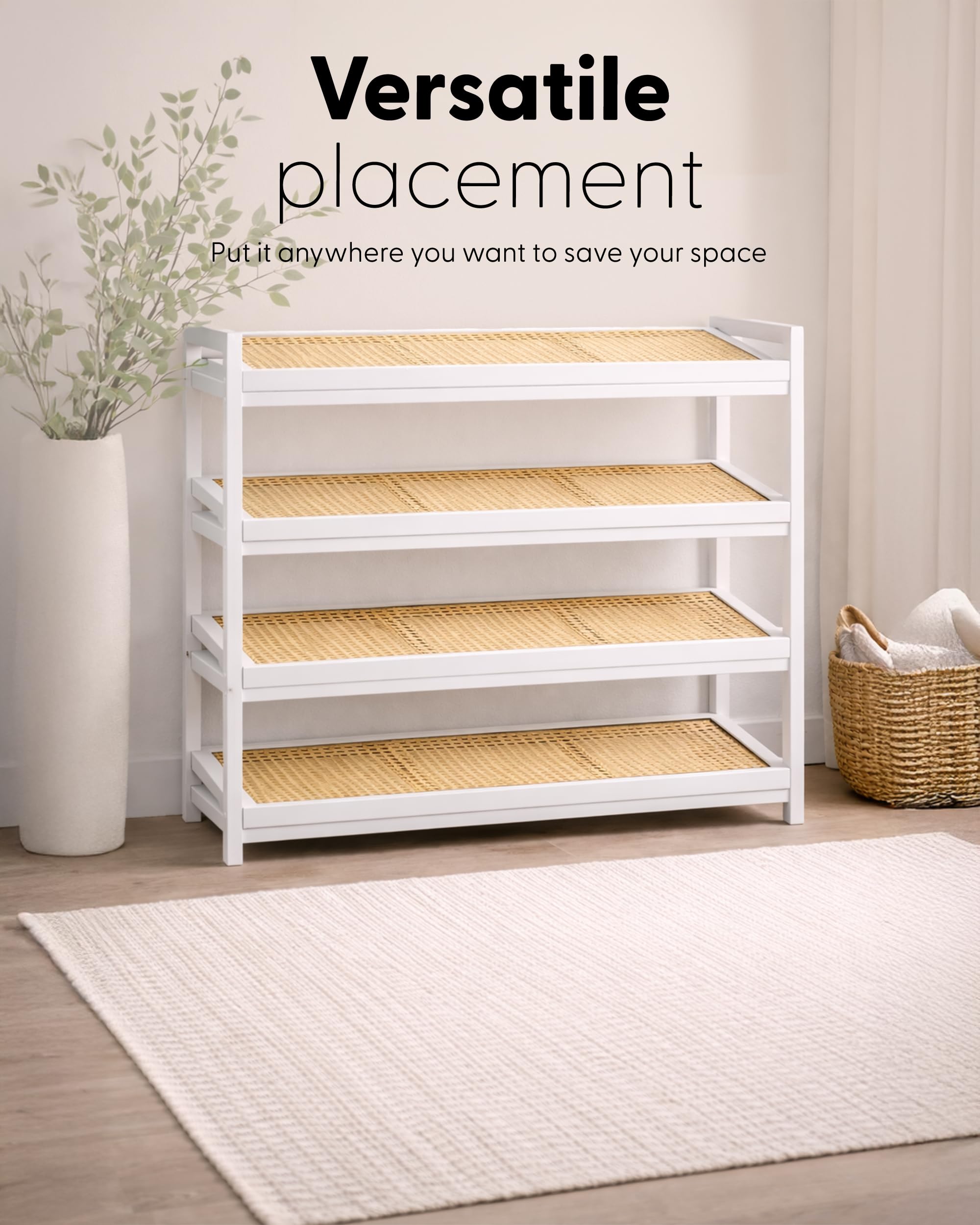 KEPLIN 4 Tier Bamboo and Rattan Shoe Rack | Compact Design | Holds 12 Pairs | Natural/White 5