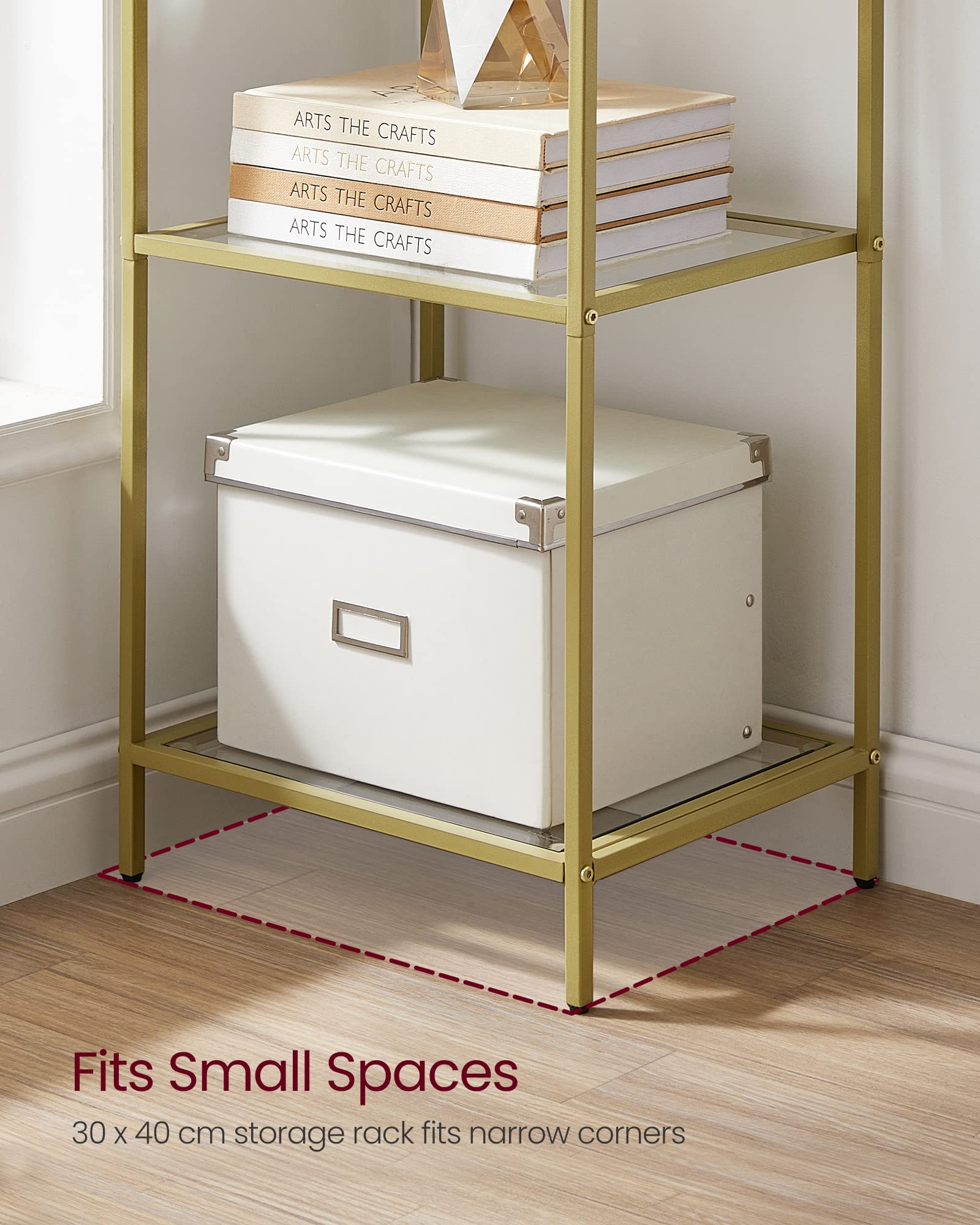 VASAGLE 6-Tier Glass Shelf Bookcase - Thin Steel Frame, Gold Finish | 30x40cm Footprint | 10kg/Shelf Capacity 6