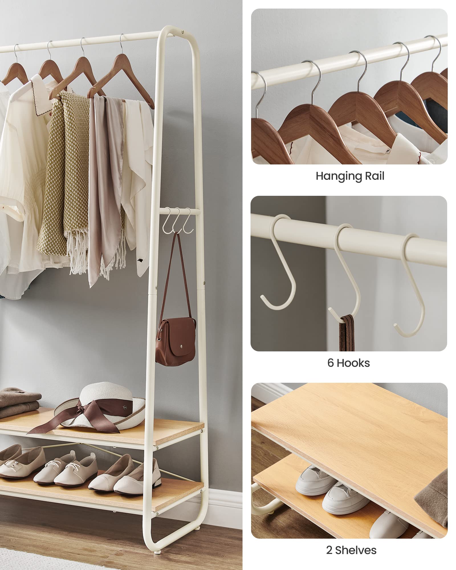 VASAGLE Clothes Rail with 2 Shelves and 6 S-Hooks | Oak + Cream White | 45 x 100 x 160 cm 4