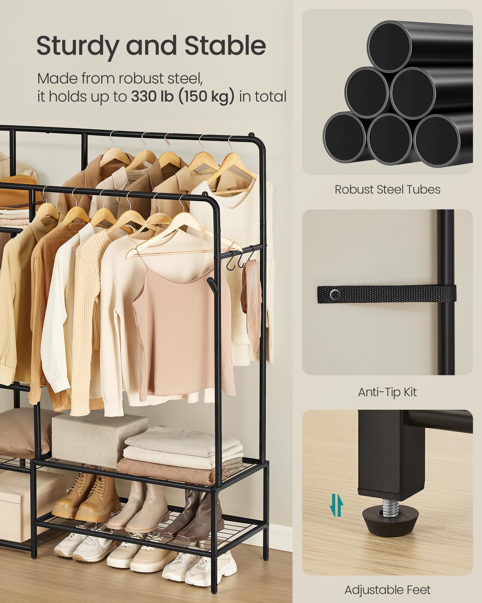 SONGMICS Clothes Rack - Open Wardrobe with 7 Shelves & 2 Hanging Rails | Black Alloy Steel 4