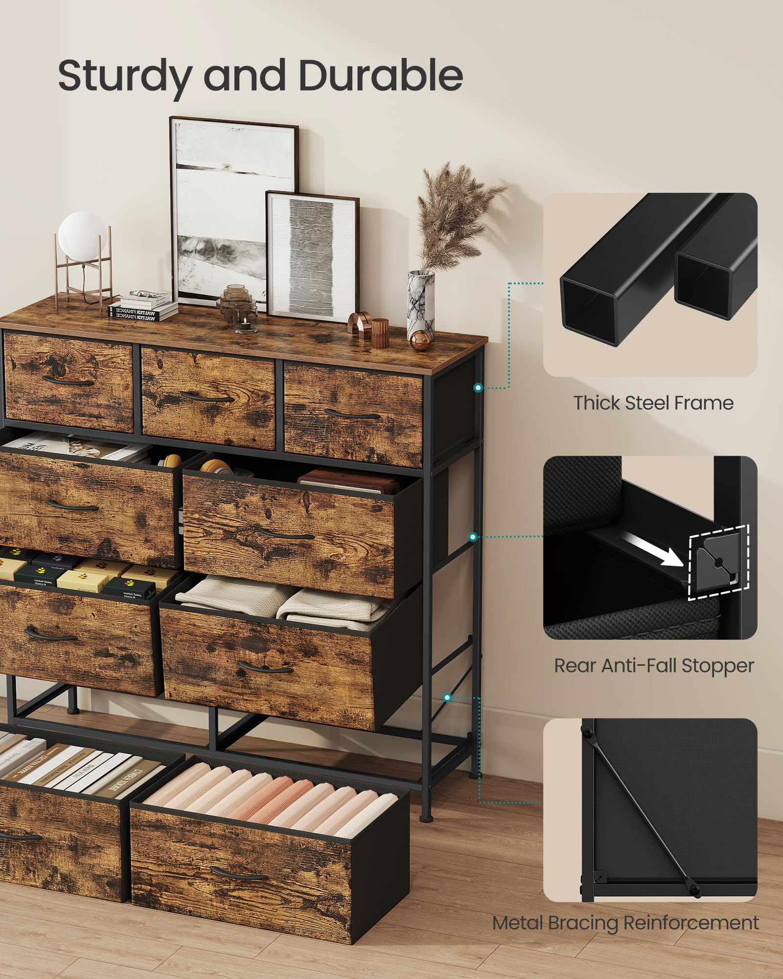 SONGMICS Chest of Drawers - 9 Storage Drawers | Steel Frame | Rustic Brown & Ink Black 6