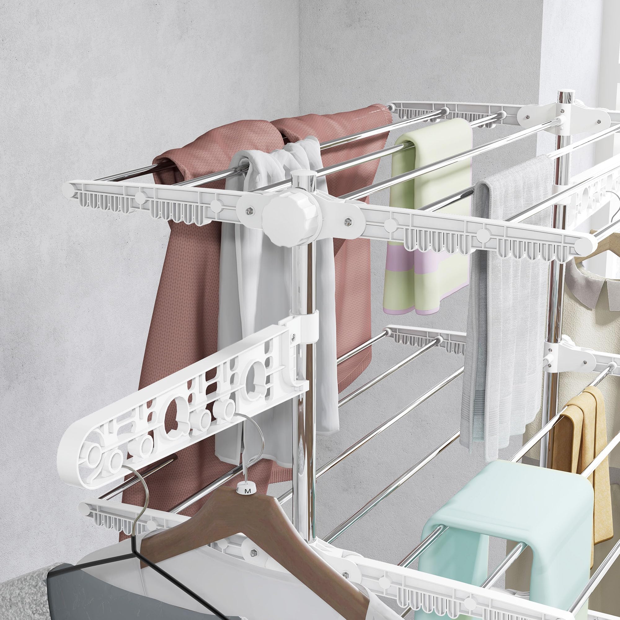 HOMCOM 4-Tier Stainless Steel Clothes Drying Rack | Foldable | Max Load 30kg | Wheeled 8