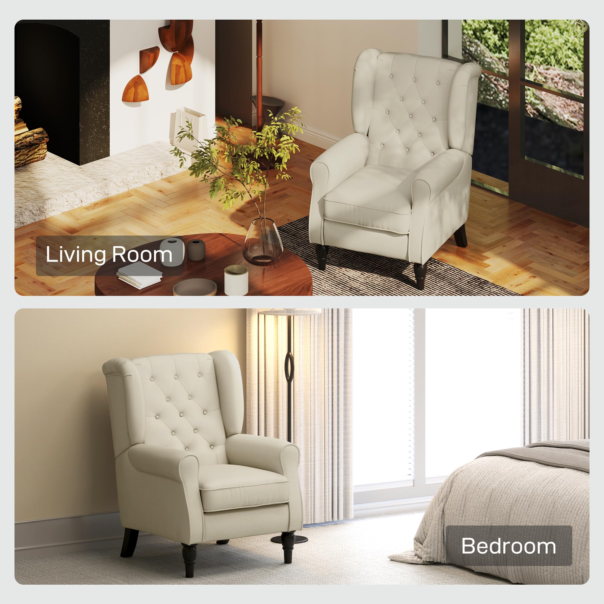 HOMCOM Retro Wingback Armchair - Snow Flannel, Button Tufted, Cream White | Supports 160kg 8